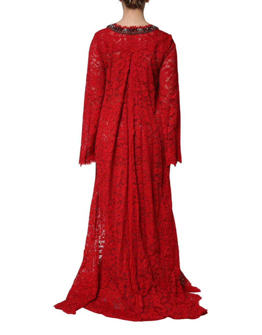 Dolce & Gabbana Red Dress with Floral Lace and Rhinestone Embellishment