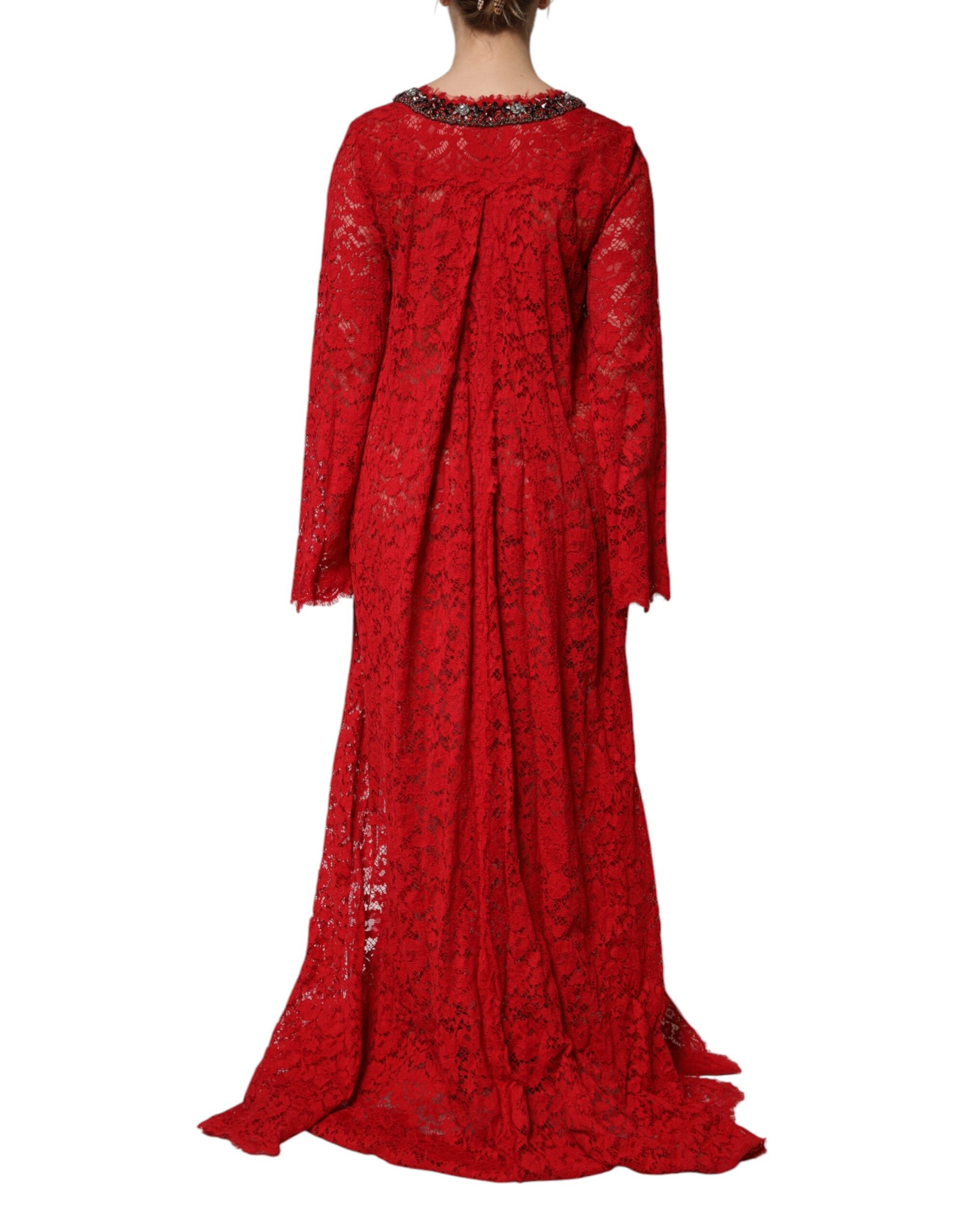 Dolce & Gabbana Red Dress with Floral Lace and Rhinestone Embellishment