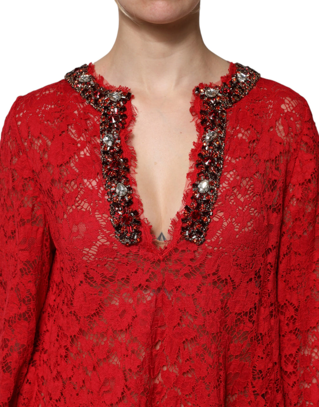 Dolce & Gabbana Red Dress with Floral Lace and Rhinestone Embellishment