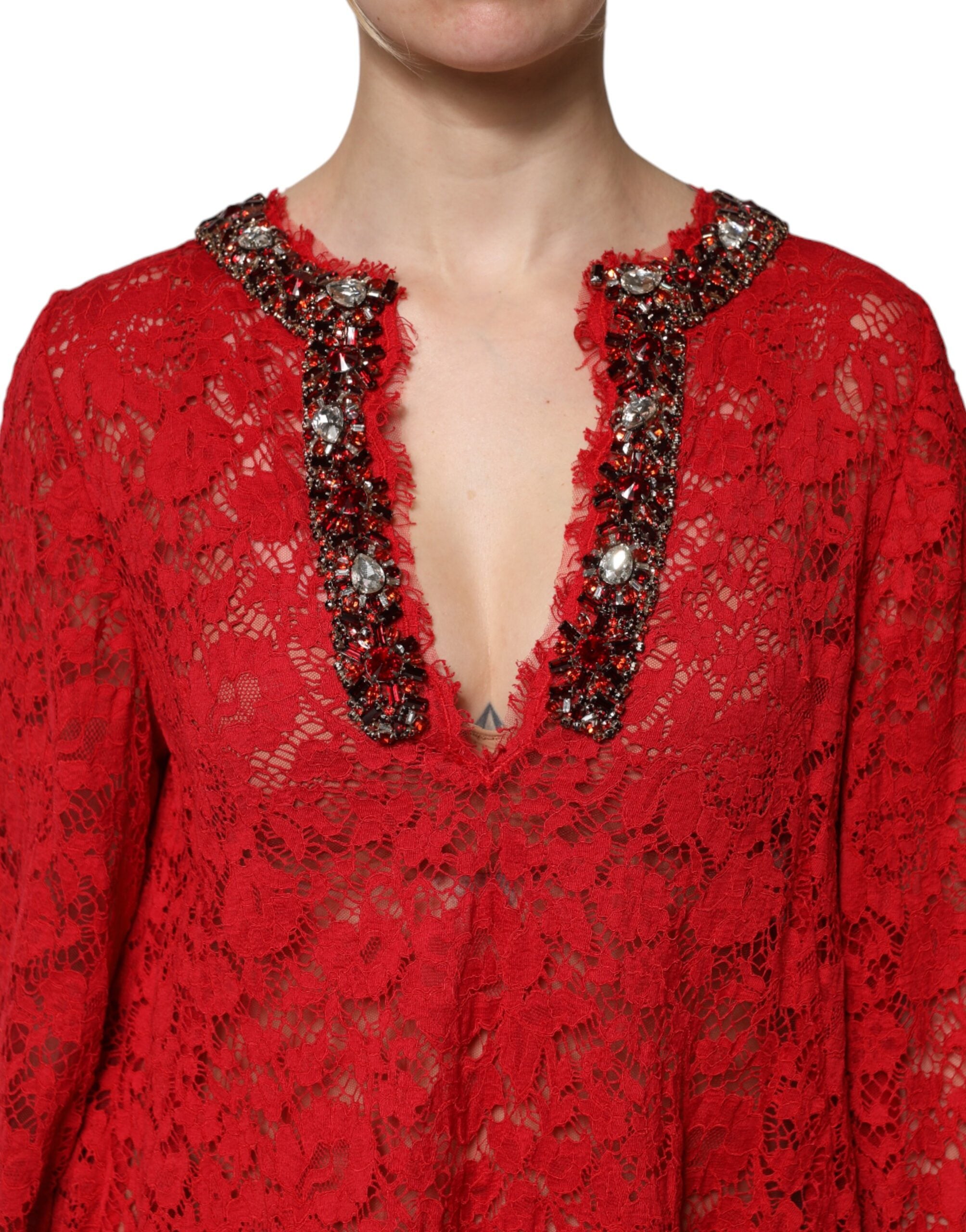 Dolce & Gabbana Red Dress with Floral Lace and Rhinestone Embellishment