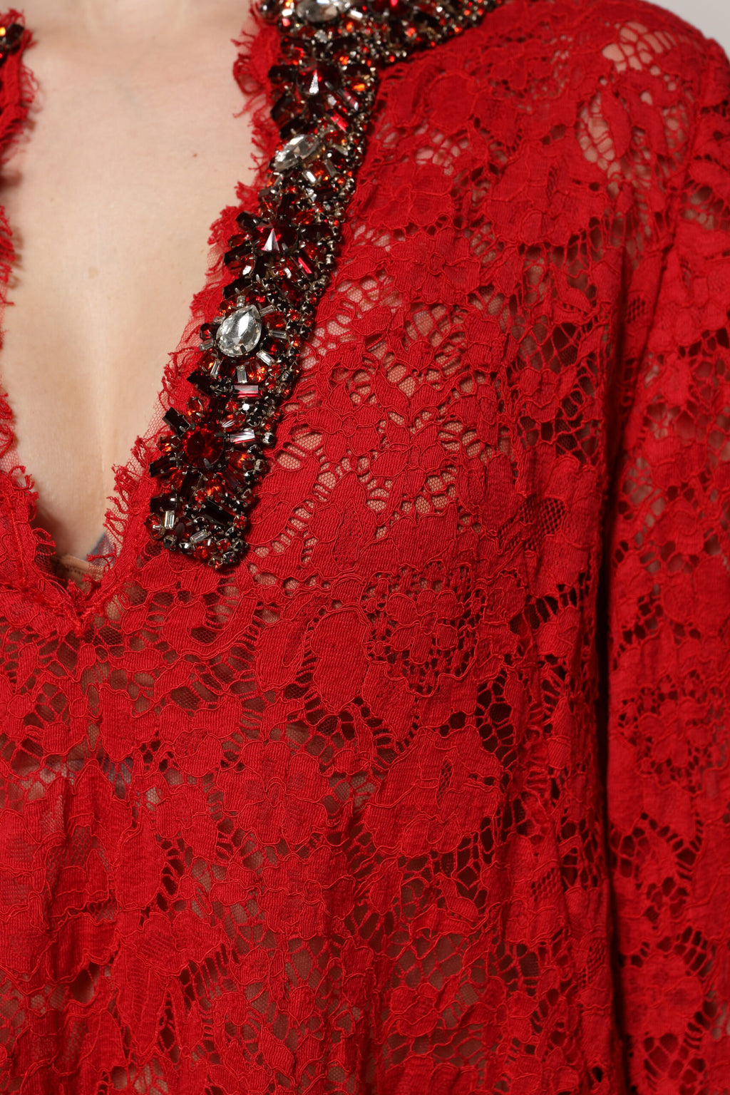 Dolce & Gabbana Red Dress with Floral Lace and Rhinestone Embellishment