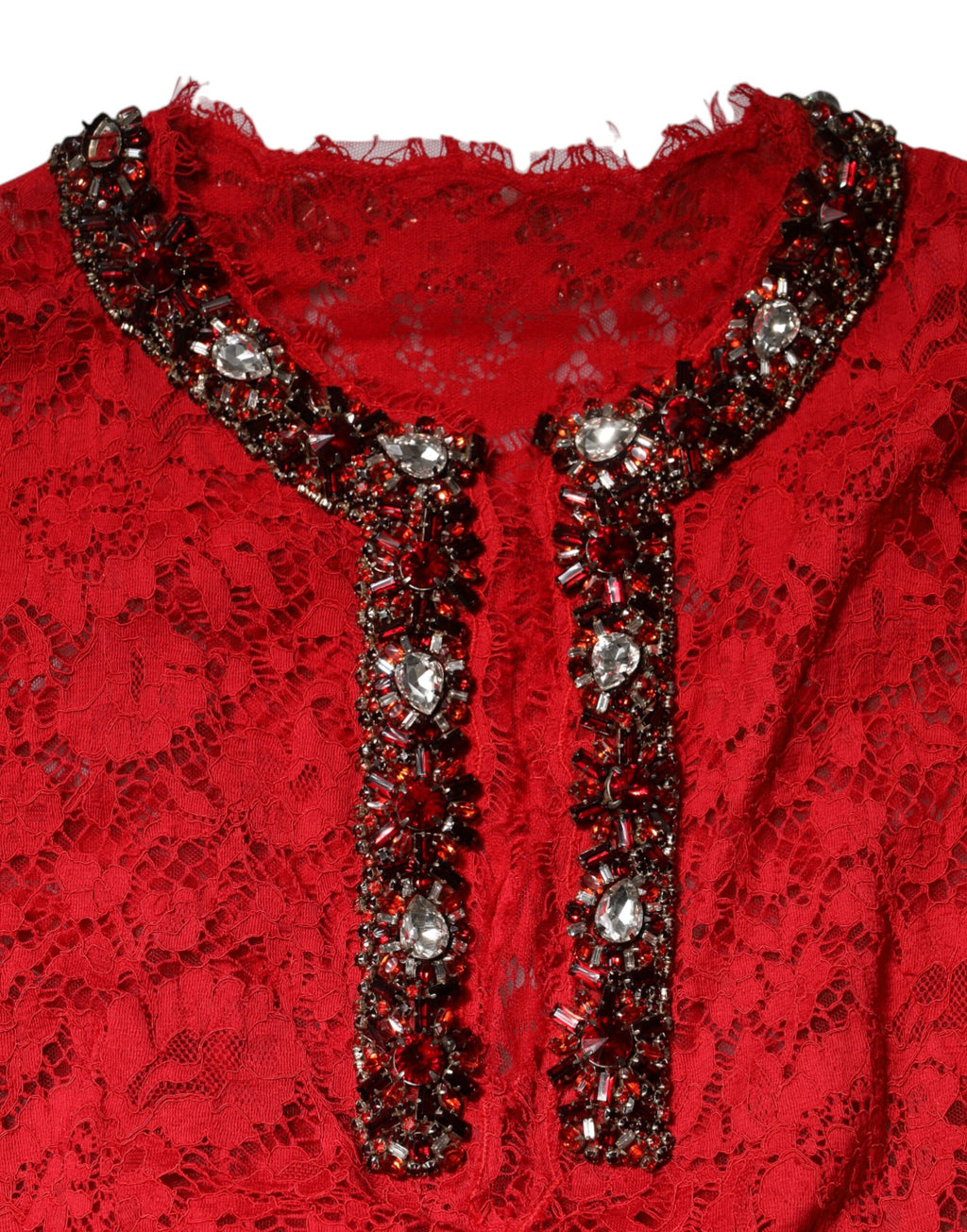 Dolce & Gabbana Red Dress with Floral Lace and Rhinestone Embellishment