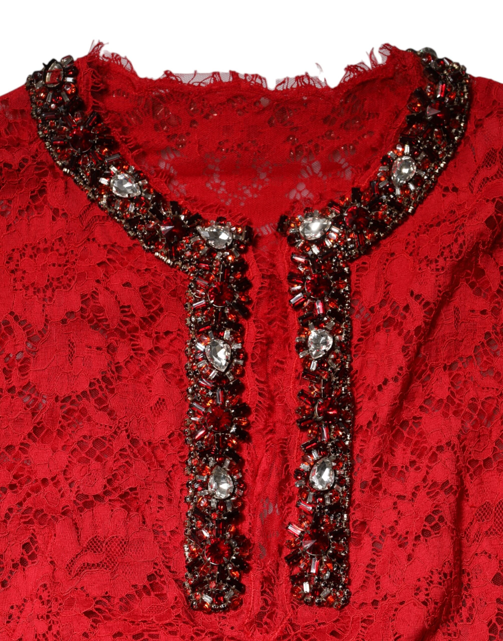 Dolce & Gabbana Red Dress with Floral Lace and Rhinestone Embellishment