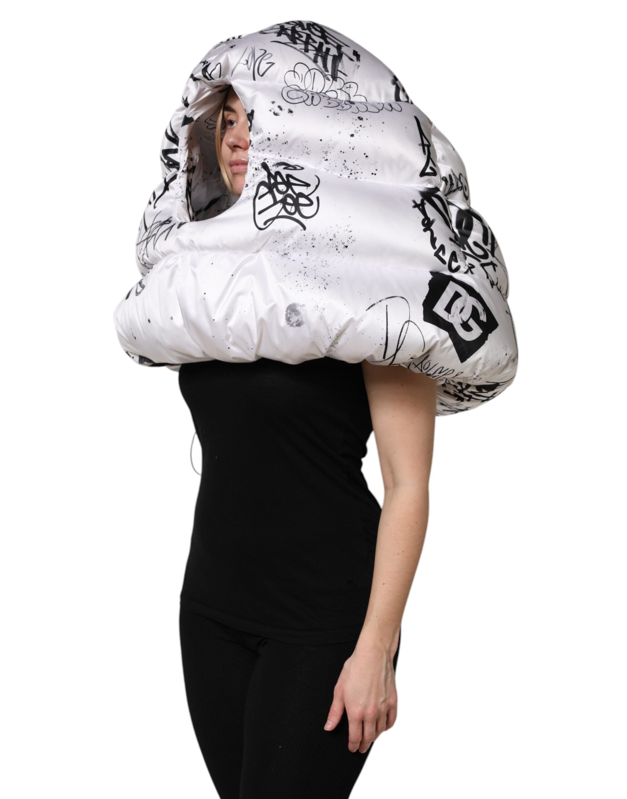Dolce & Gabbana Quilted Cap with Printed Hood in White Polyester