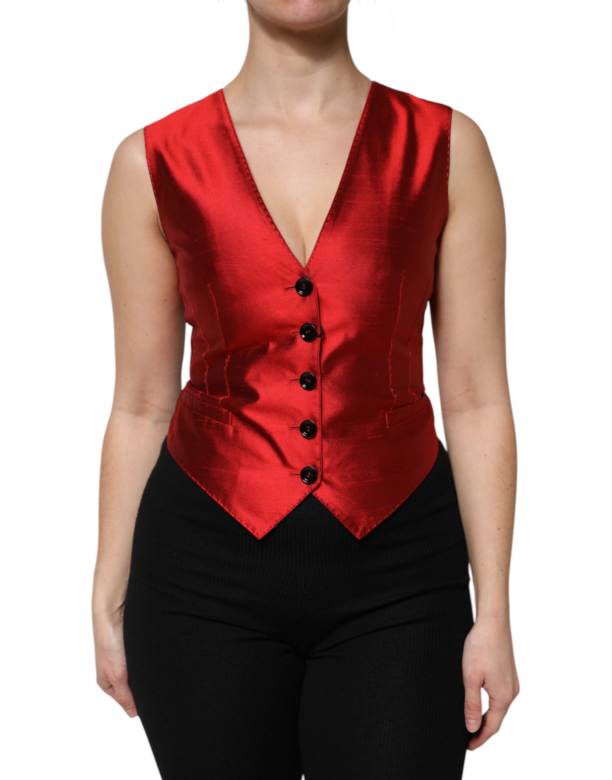 Dolce & Gabbana Rot Schwarz Button Down Ärmellose Weste Top