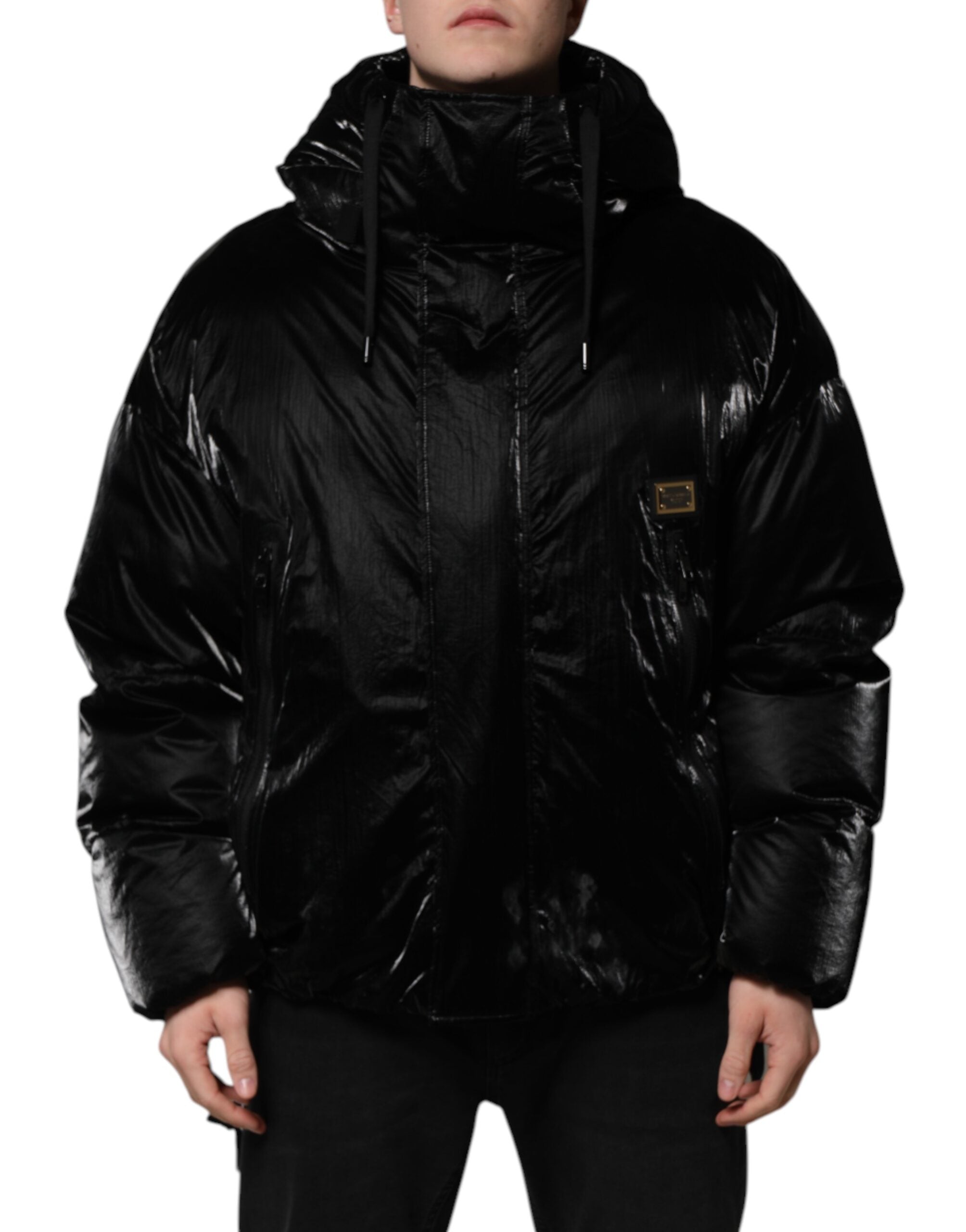 Dolce & Gabbana Black Hooded Zipper Logo Quilted Jacket
