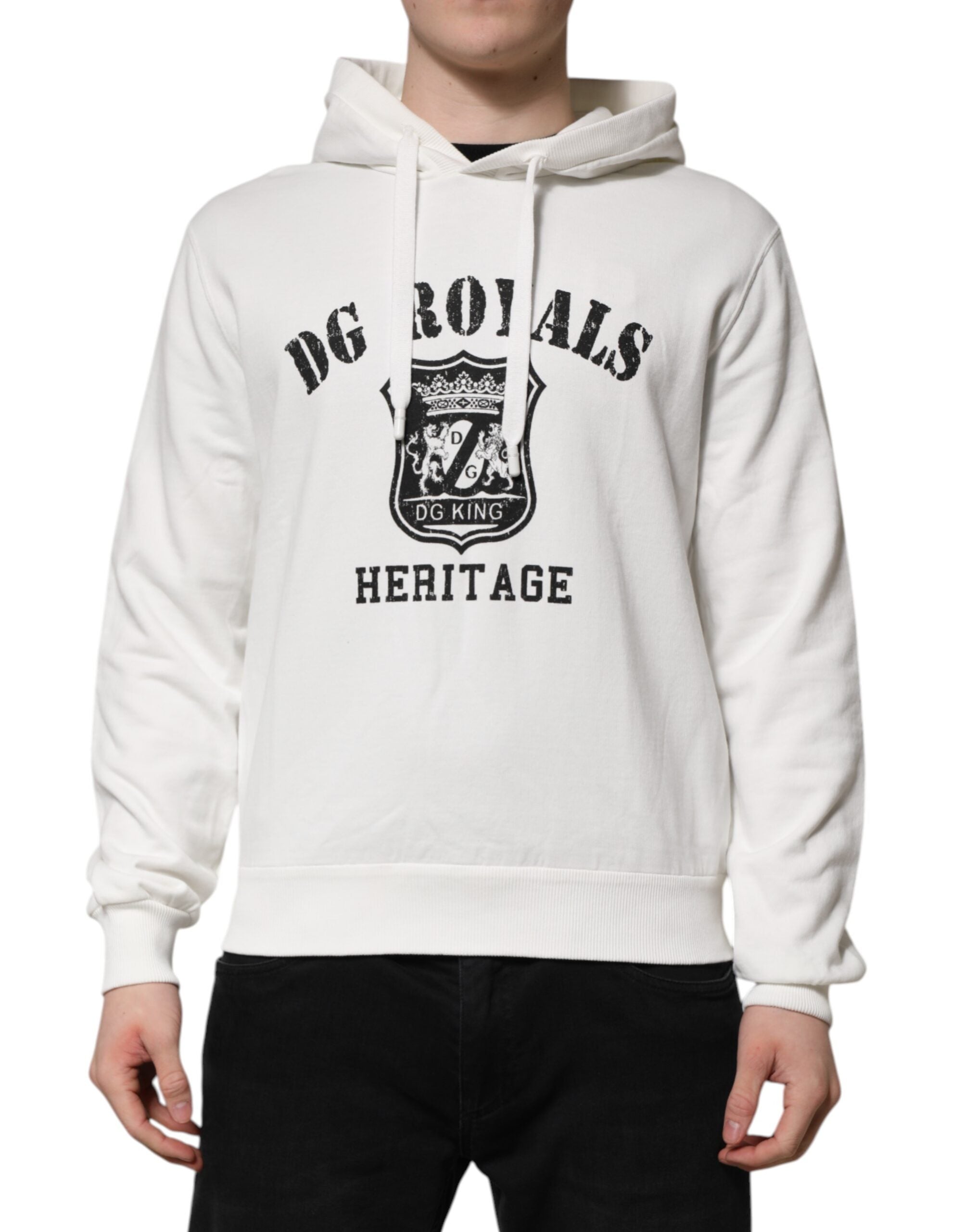 Dolce & Gabbana White Cotton Hoodie DG ROYAL Print