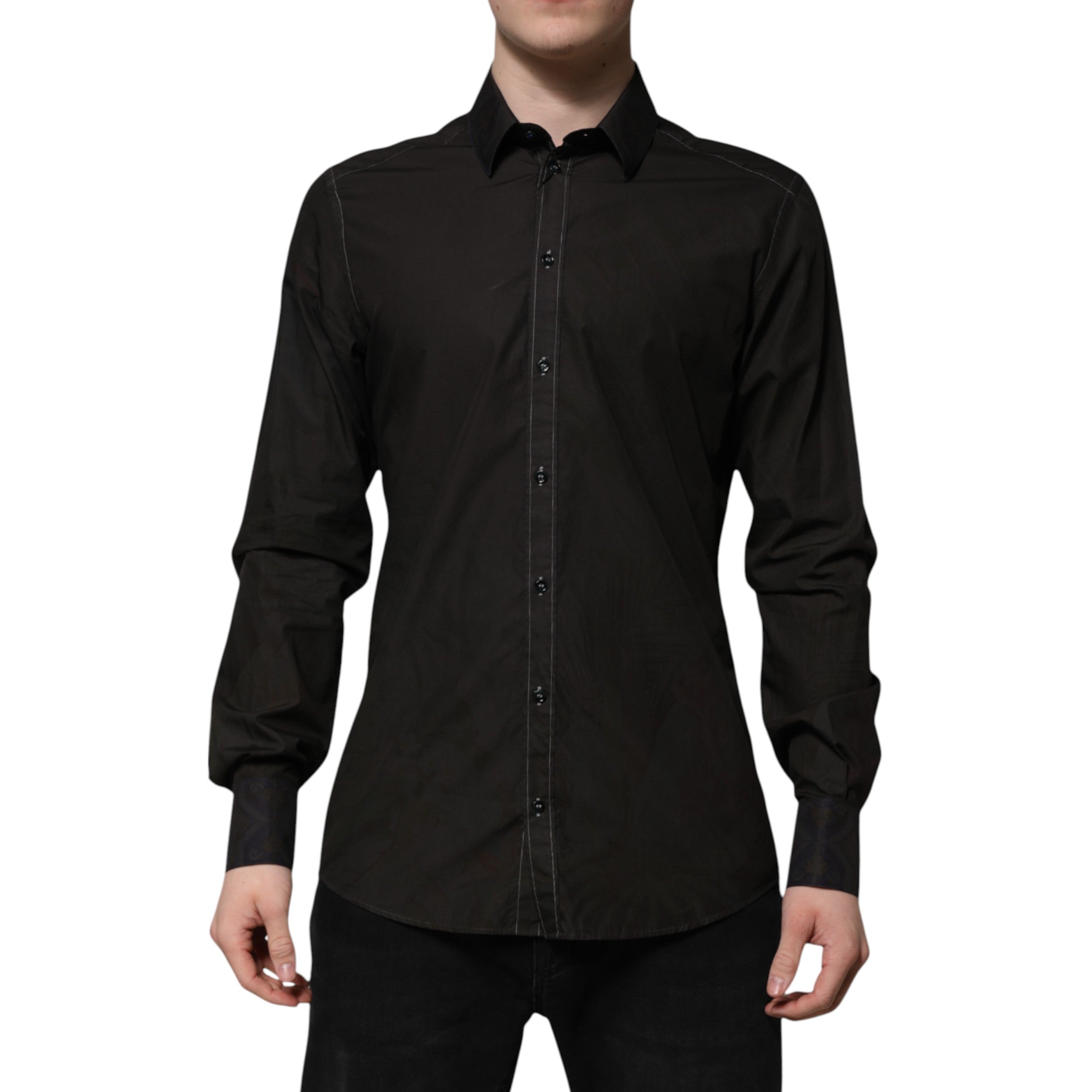 Dolce & Gabbana Black Cotton Jacquard Shirt with GOLD Collar