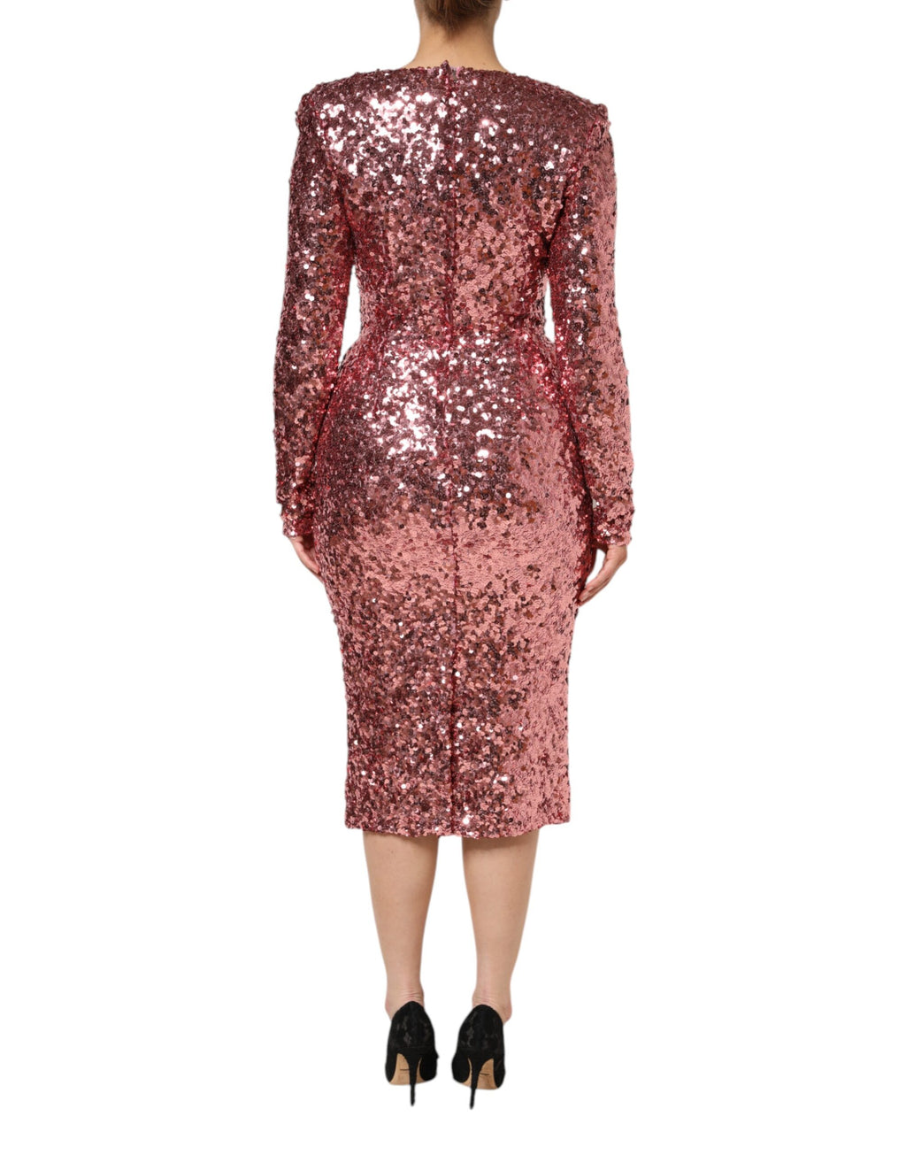 Dolce & Gabbana Pink Sequin Statement Nylon V-Neck Midi Dress