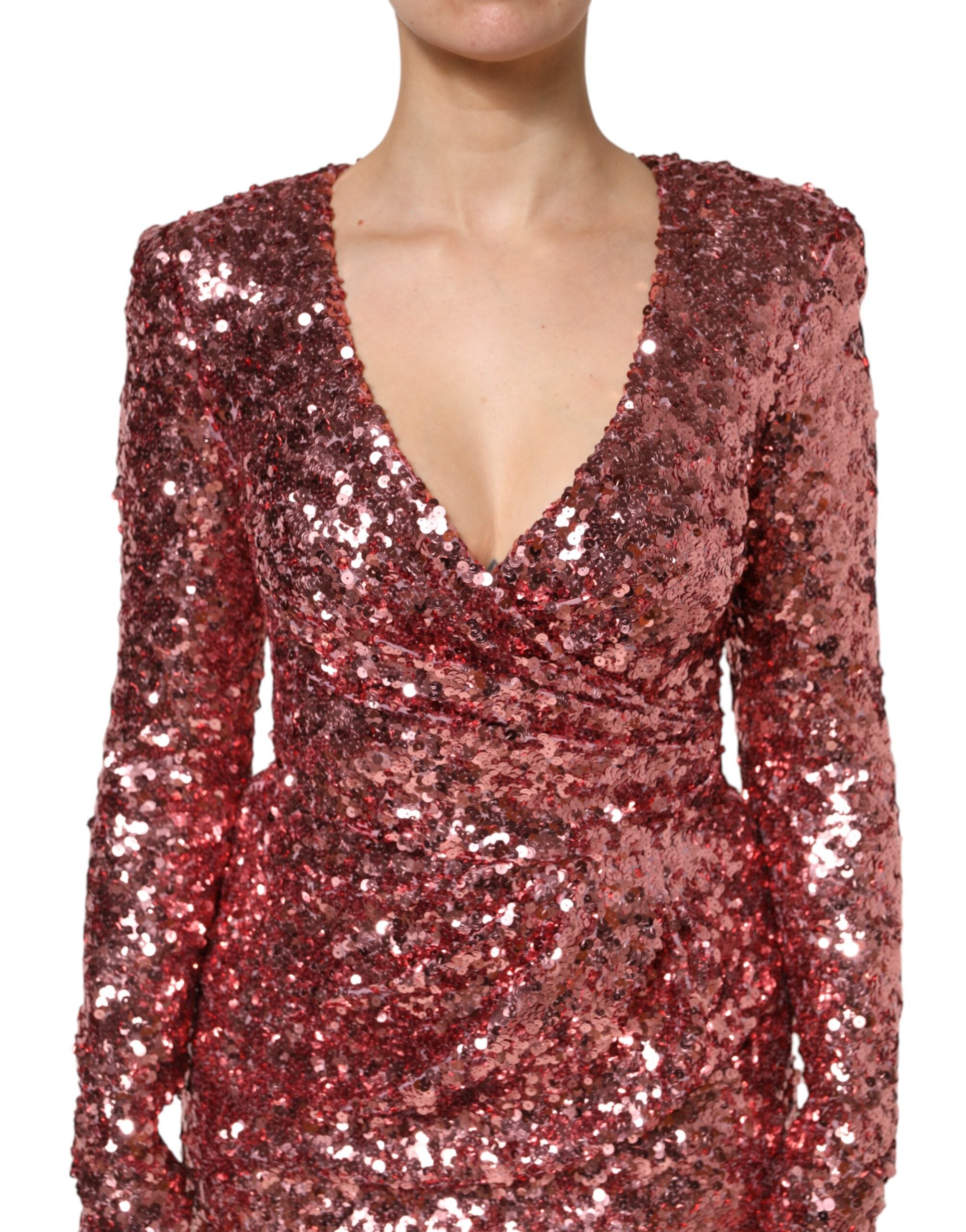 Dolce & Gabbana Pink Sequin Statement Nylon V-Neck Midi Dress