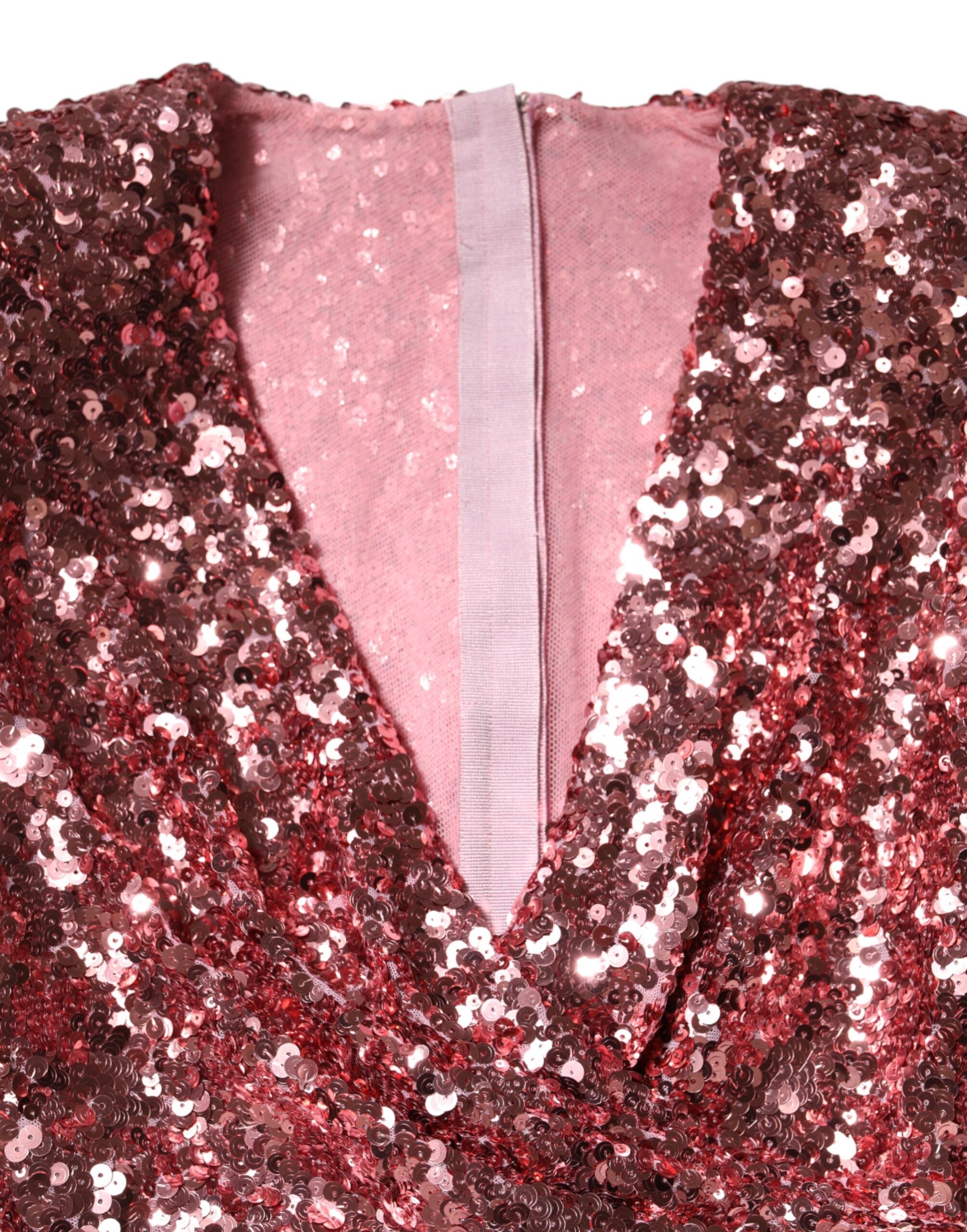 Dolce & Gabbana Pink Sequin Statement Nylon V-Neck Midi Dress