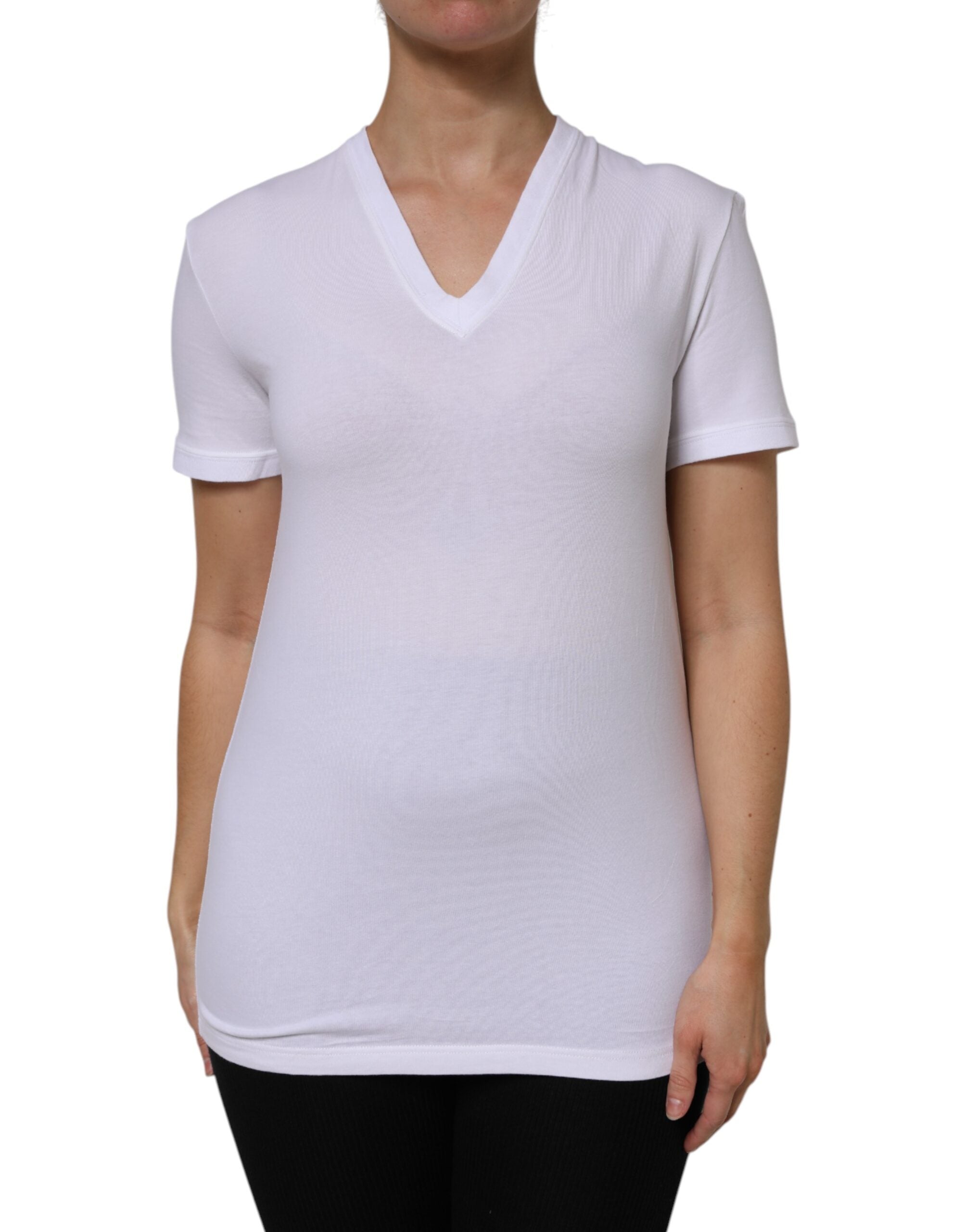 Dolce & Gabbana Weißes Baumwoll-T-Shirt mit kurzen Ärmeln und V-Ausschnitt