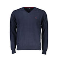 Harmont & Blaine Blue V-Neck Sweater with Embroidery