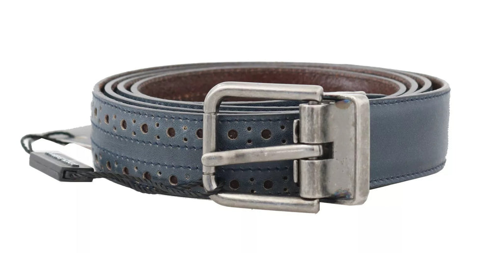 Dolce & Gabbana Blue Perforated Leather Belt with Grey Buckle