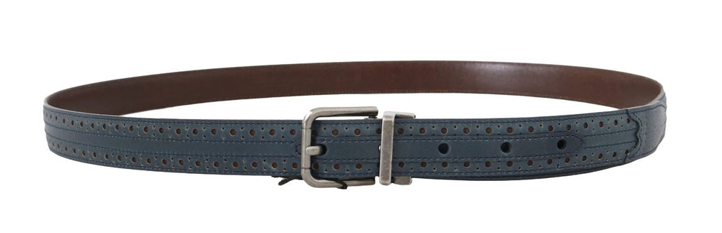 Dolce & Gabbana Blue Perforated Leather Belt with Grey Buckle