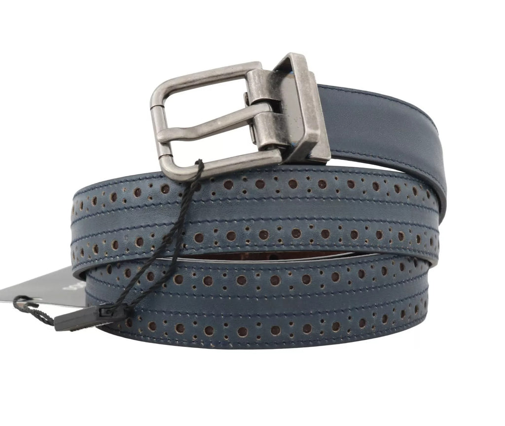 Dolce & Gabbana Blue Perforated Leather Belt with Grey Buckle