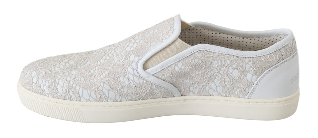Dolce & Gabbana White Leather Lace Slip-On Loafers Shoes