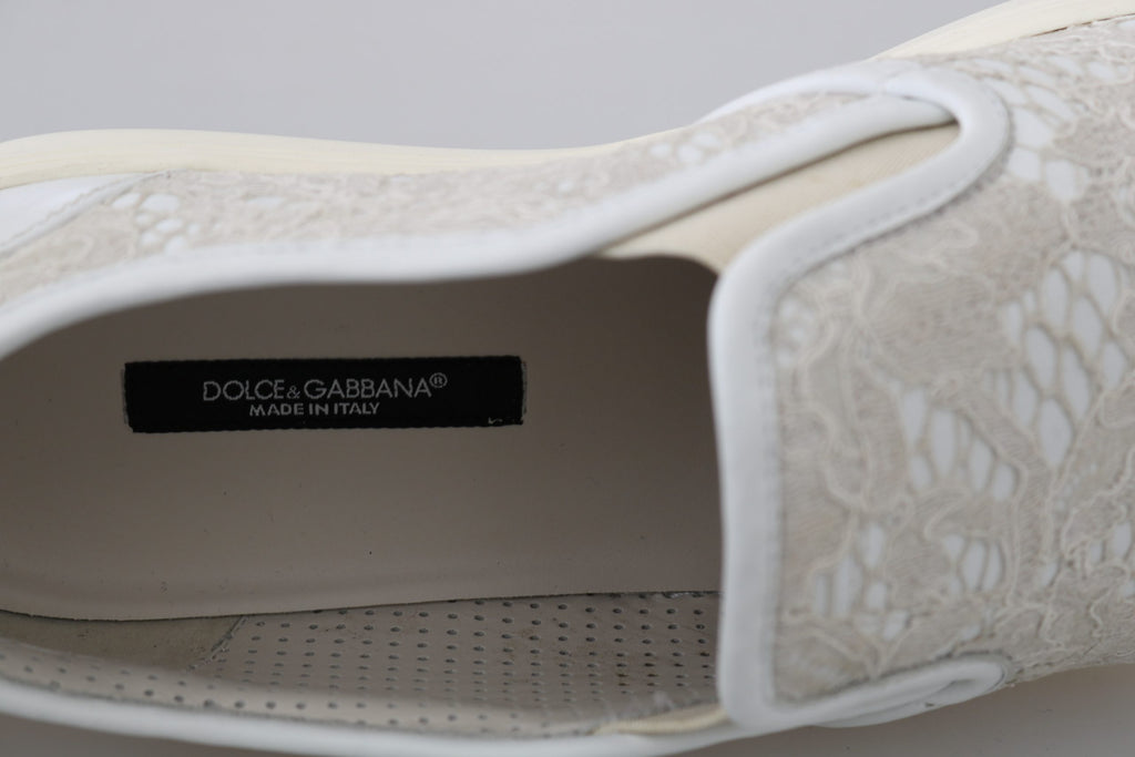 Dolce & Gabbana White Leather Lace Slip-On Loafers Shoes