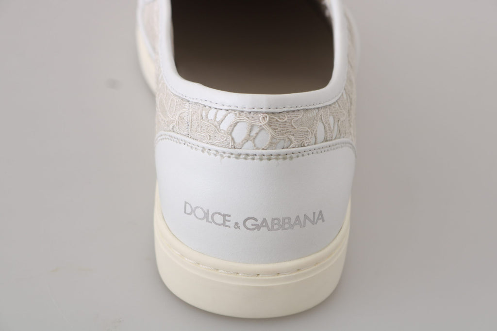 Dolce & Gabbana White Leather Lace Slip-On Loafers Shoes
