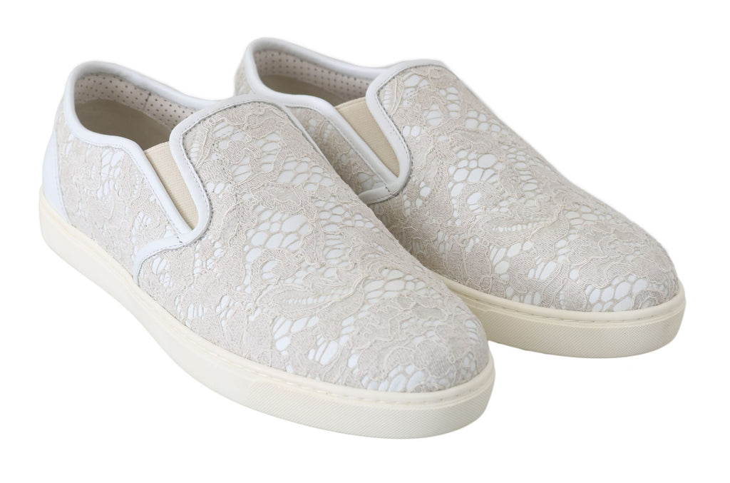 Dolce & Gabbana White Leather Lace Slip-On Loafers Shoes