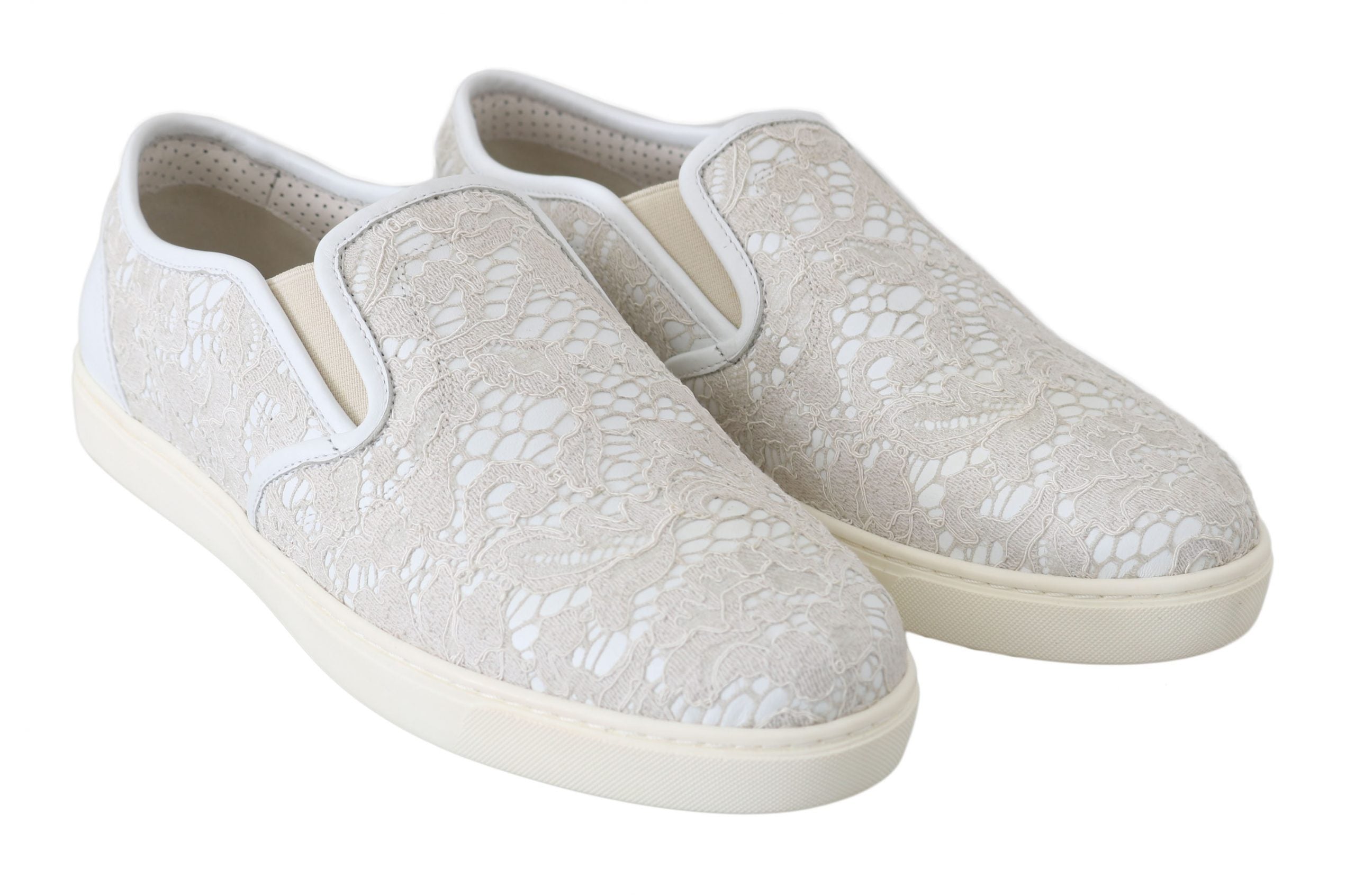 Dolce & Gabbana White Leather Lace Slip-On Loafers Shoes