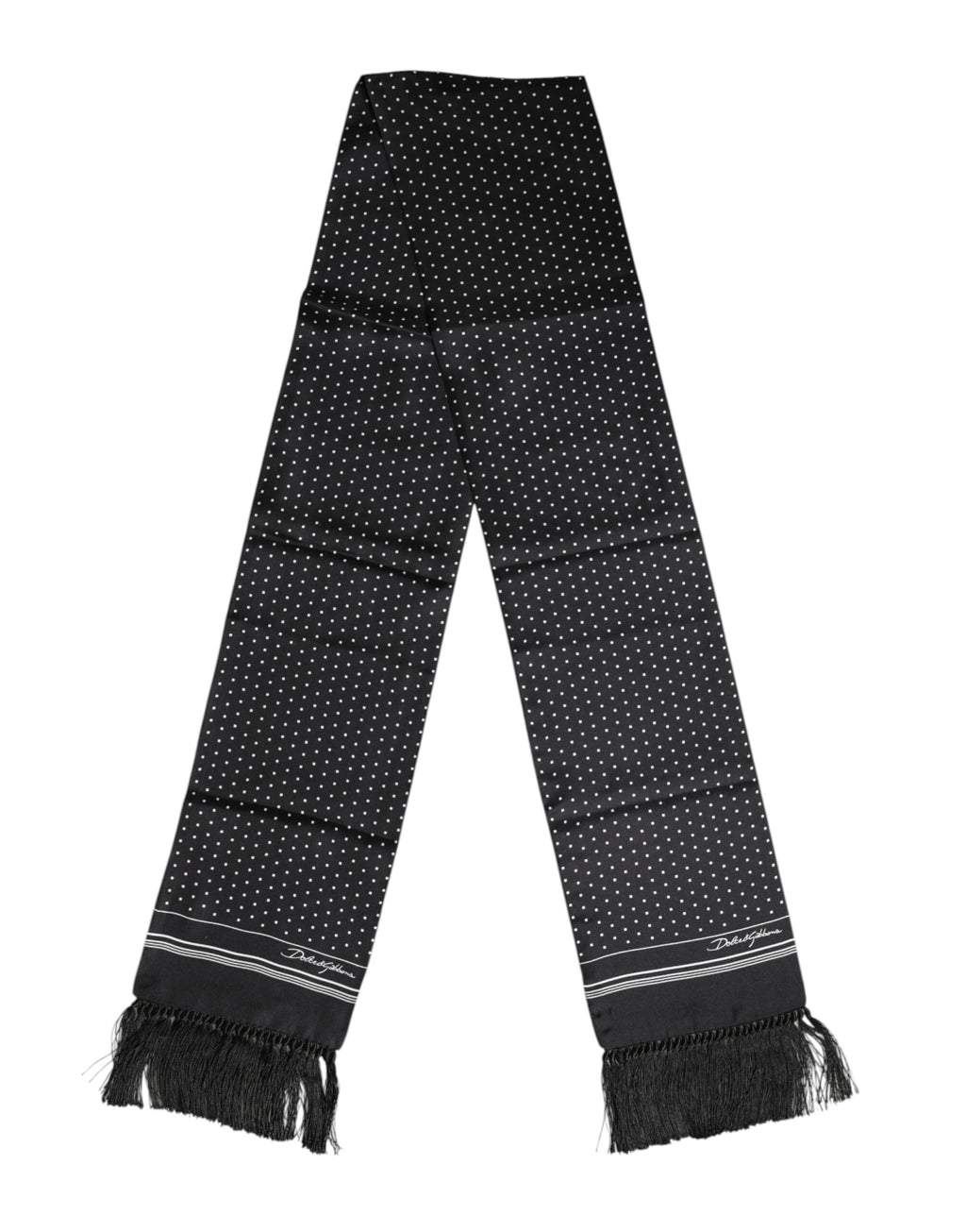 Dolce & Gabbana Black White Polka Dot Fringed Foulard Scarf