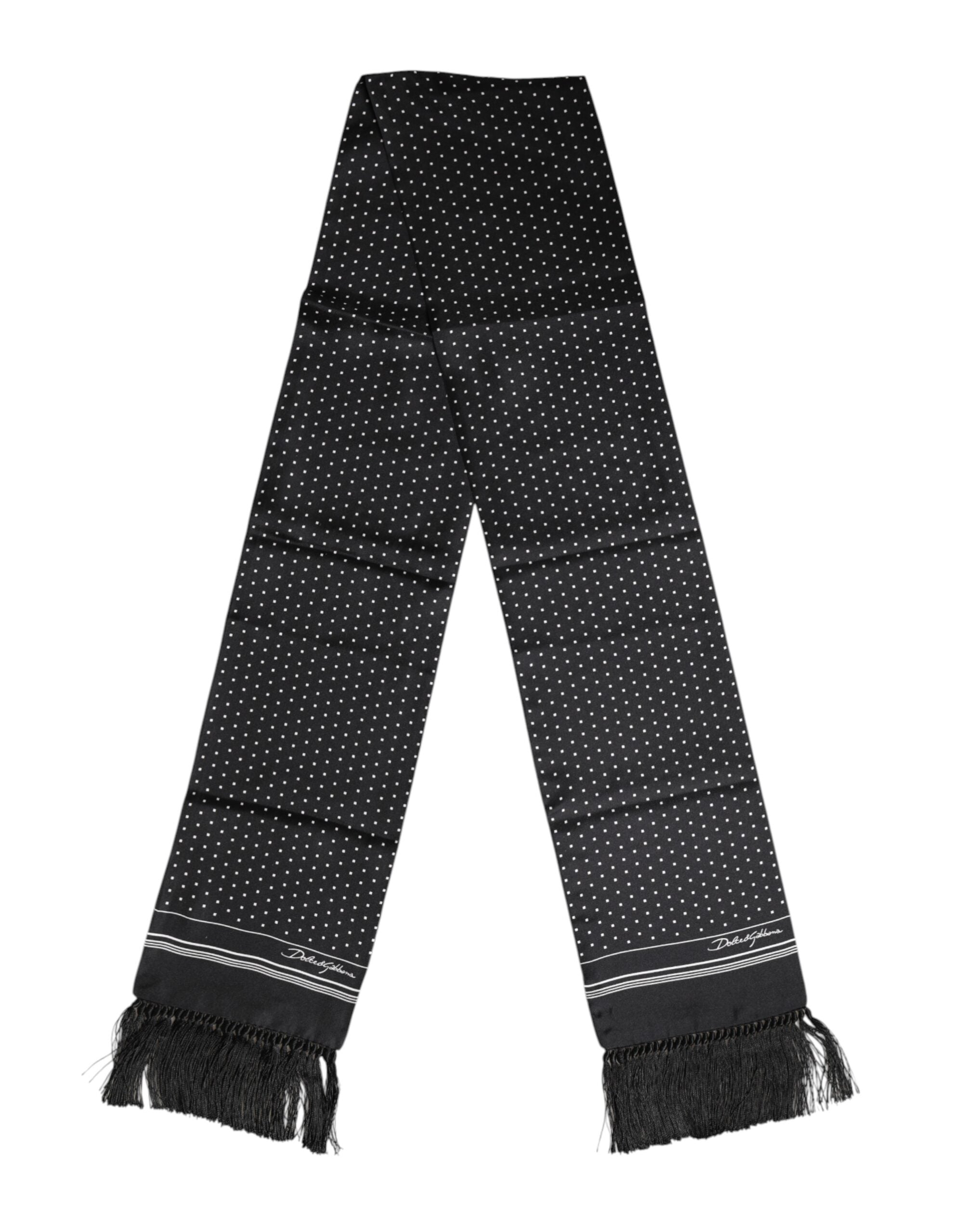Dolce & Gabbana Black White Polka Dot Fringed Foulard Scarf