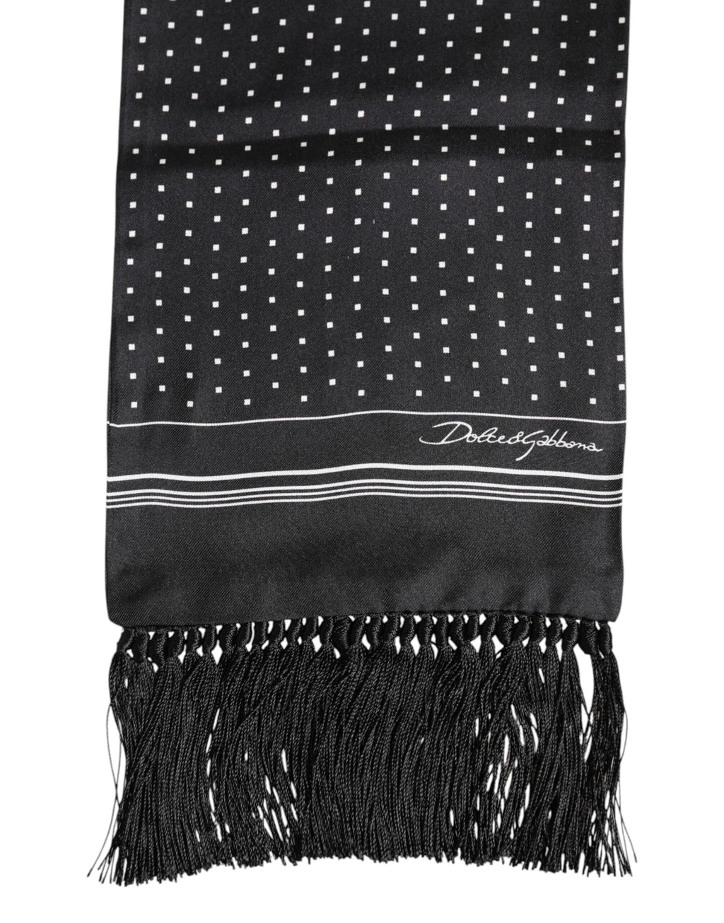 Dolce & Gabbana Black White Polka Dot Fringed Foulard Scarf