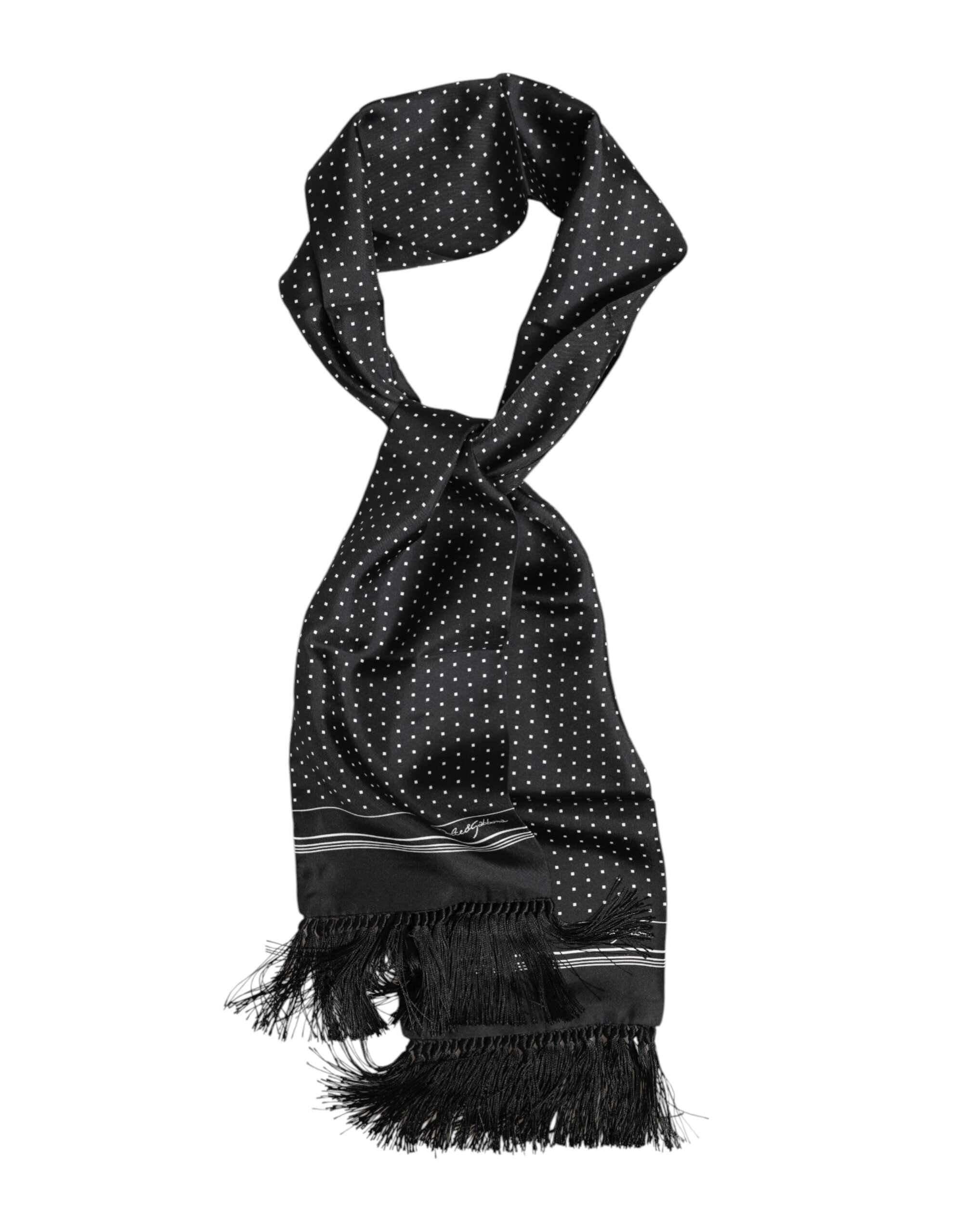Dolce & Gabbana Black White Polka Dot Fringed Foulard Scarf