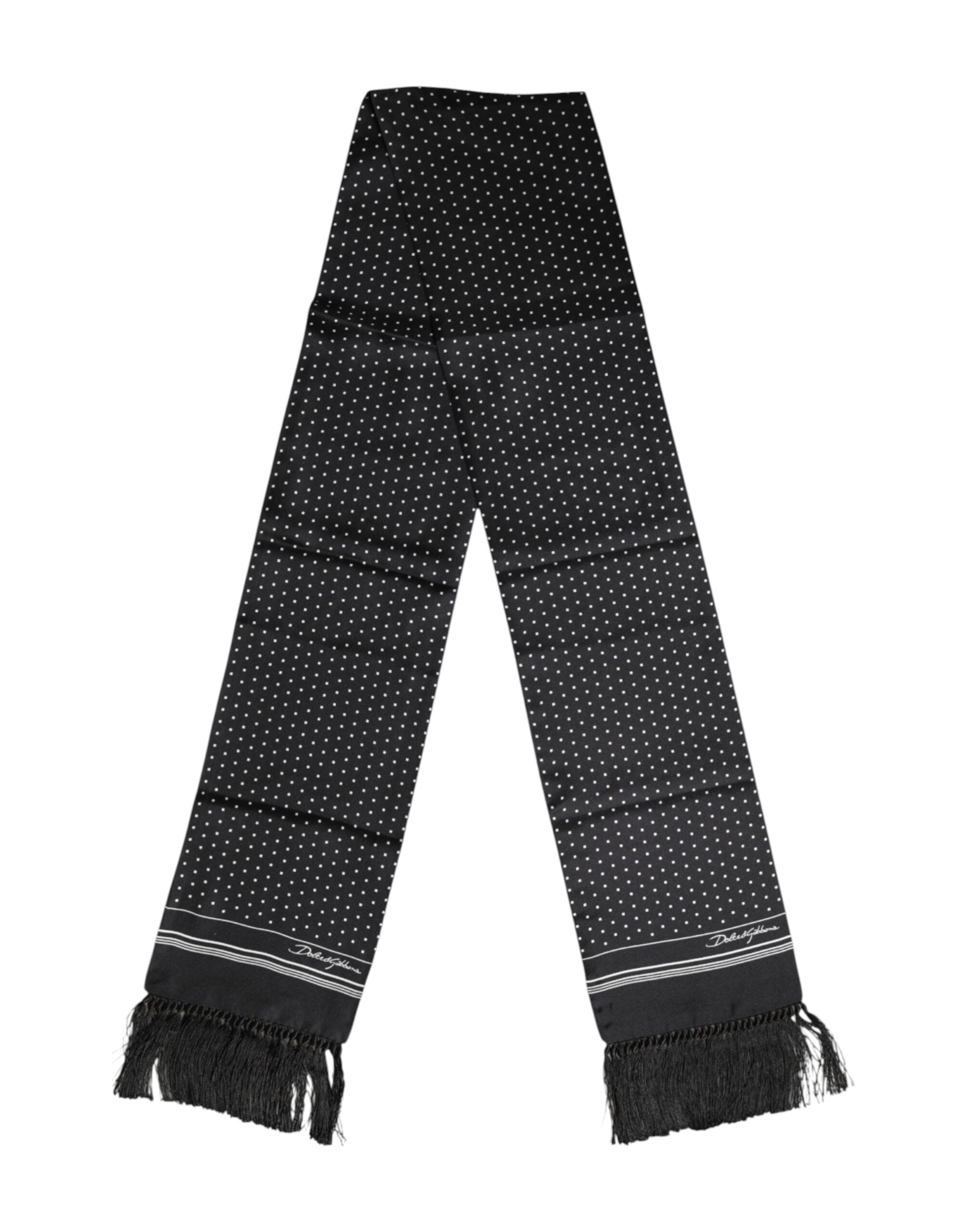 Dolce & Gabbana Black White Polka Dot Fringed Foulard Scarf