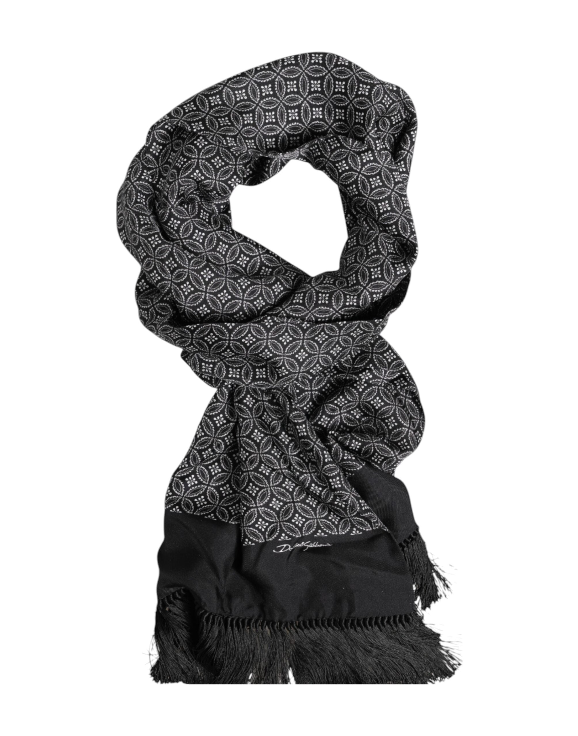 Dolce & Gabbana Black Patterned Fringe Men's Foulard Scarf
