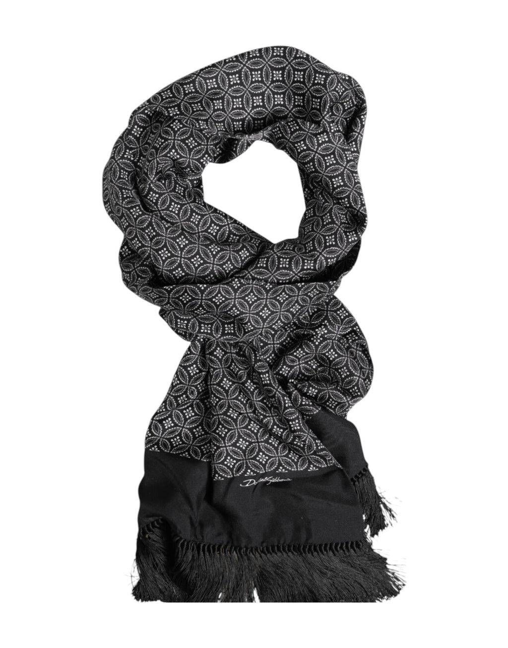 Dolce & Gabbana Black Patterned Fringe Men's Foulard Scarf