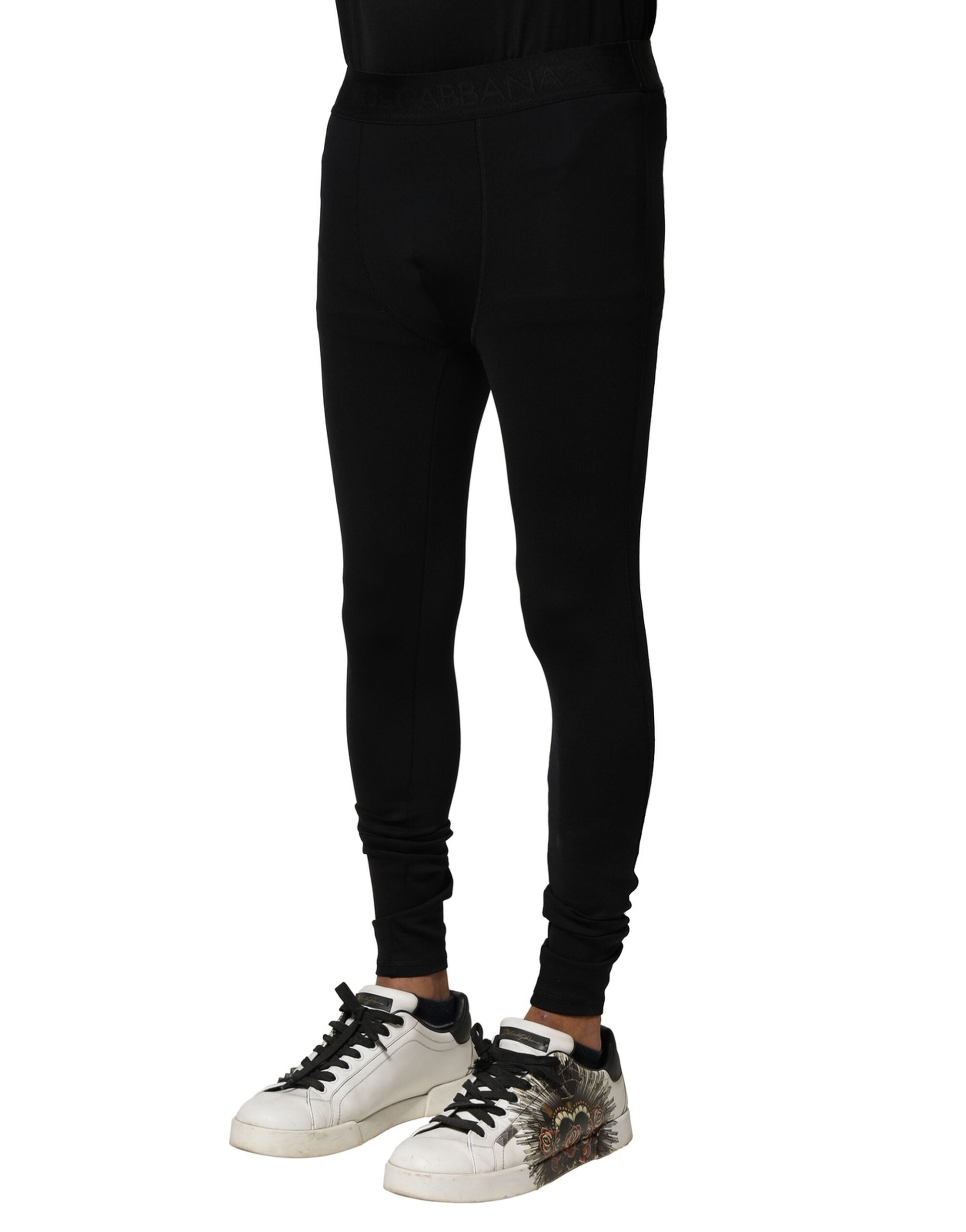 Dolce & Gabbana Black Nylon Stretch Logo Men's Leggings Pants