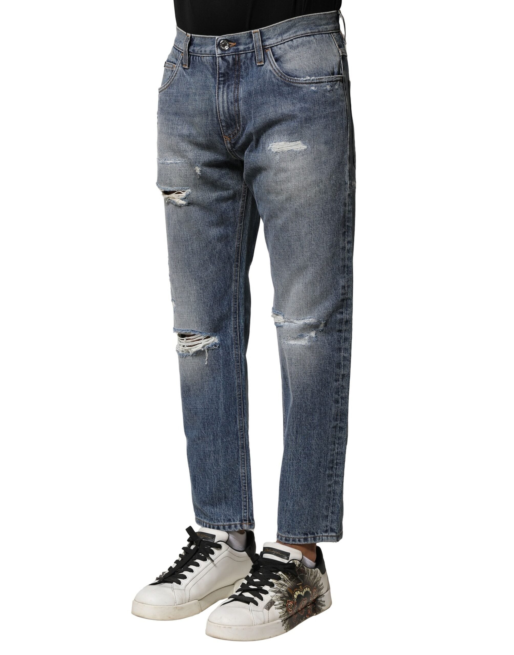 Dolce & Gabbana Blue Washed Distressed Straight Fit Denim Jeans