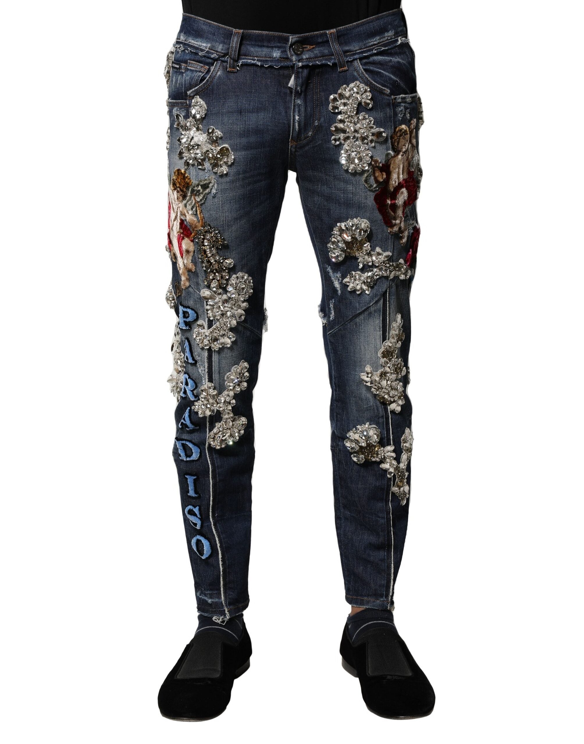 Dolce & Gabbana Blue Cotton Denim Jeans with Rhinestone Embellishment