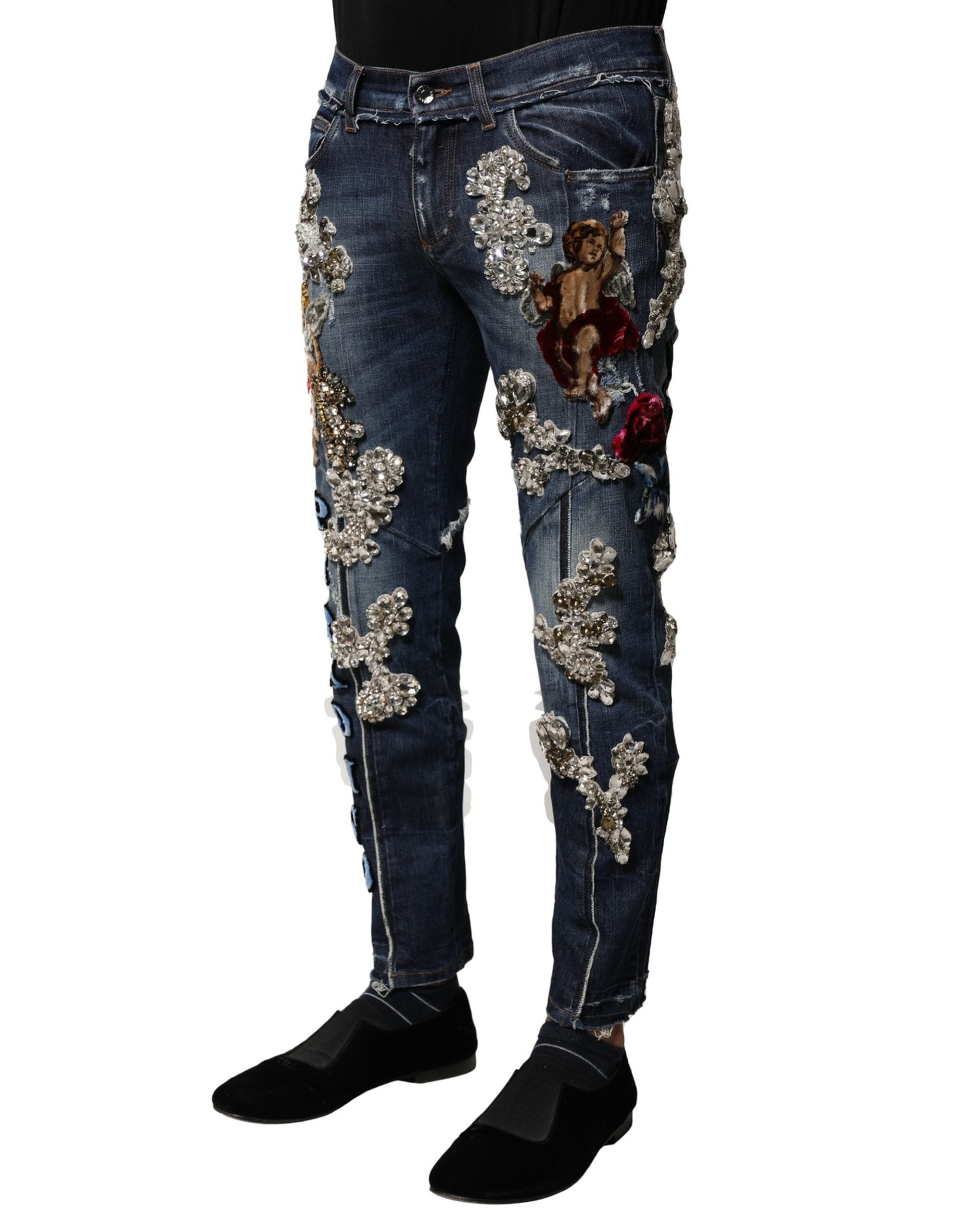 Dolce & Gabbana Blue Cotton Denim Jeans with Rhinestone Embellishment