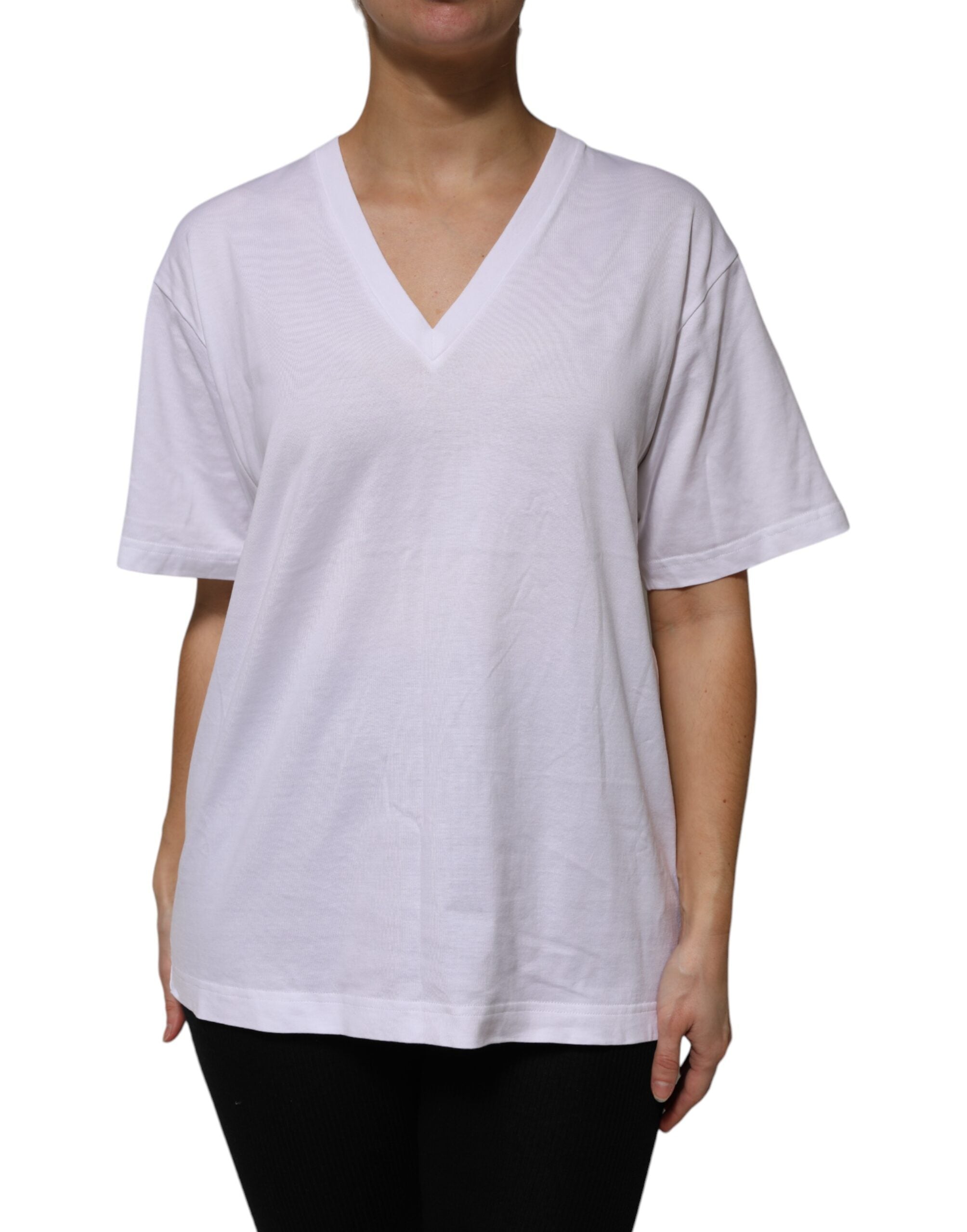 Dolce & Gabbana White Cotton Short-Sleeve V-Neck T-Shirt