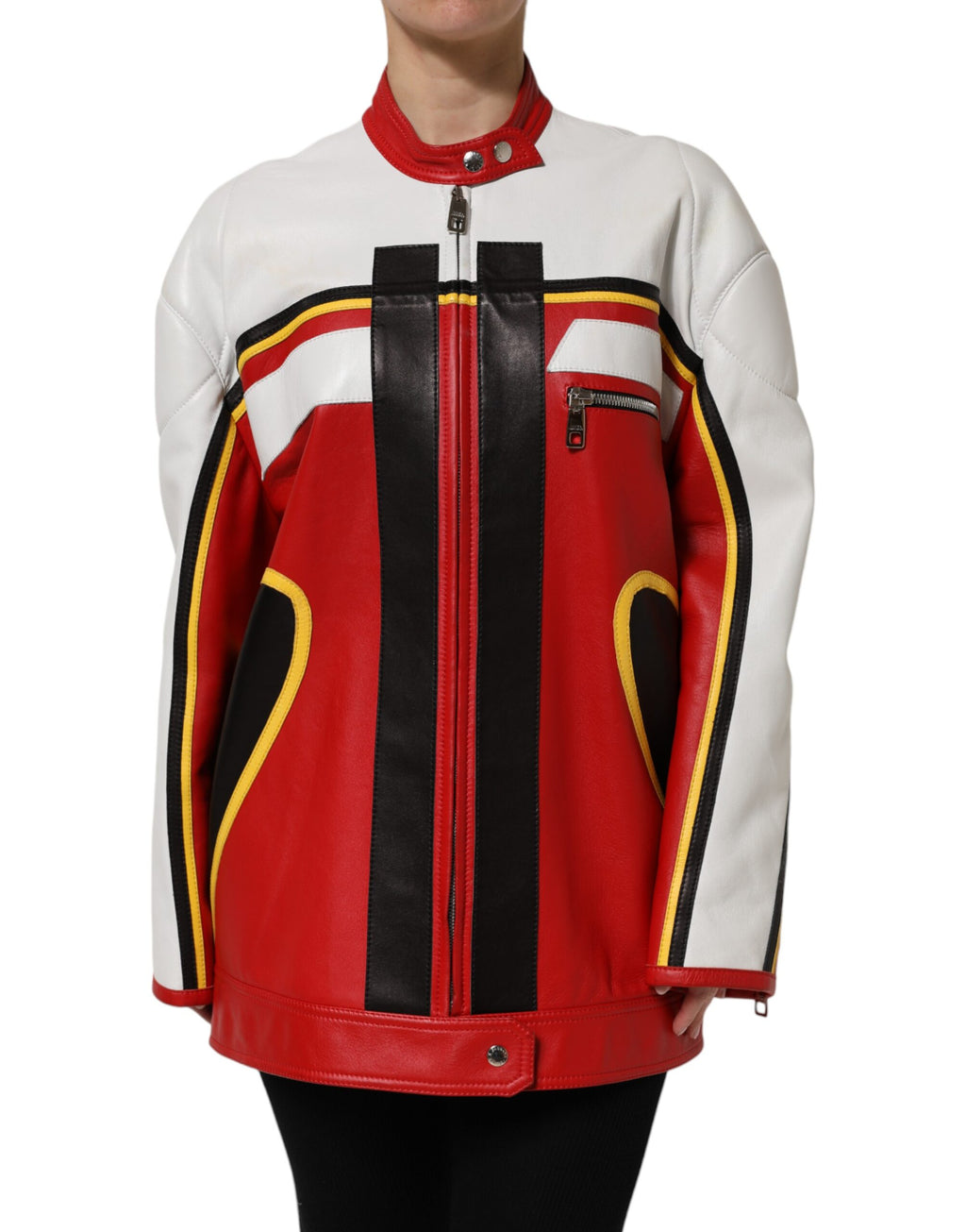 Dolce & Gabbana Multicolor Leather Biker Coat Jacket with Zipper