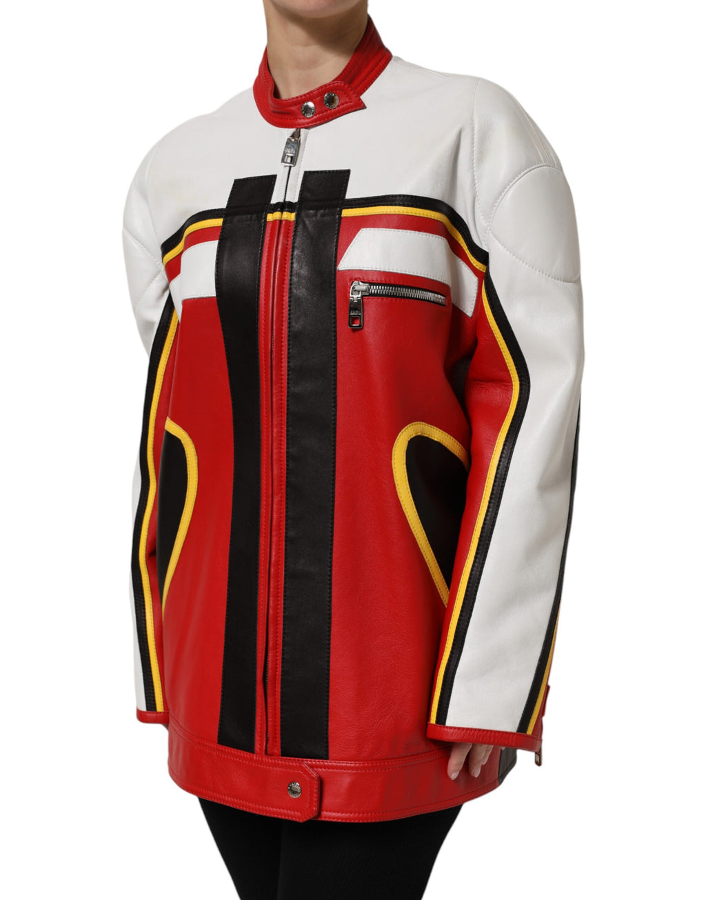Dolce & Gabbana Multicolor Leather Biker Coat Jacket with Zipper