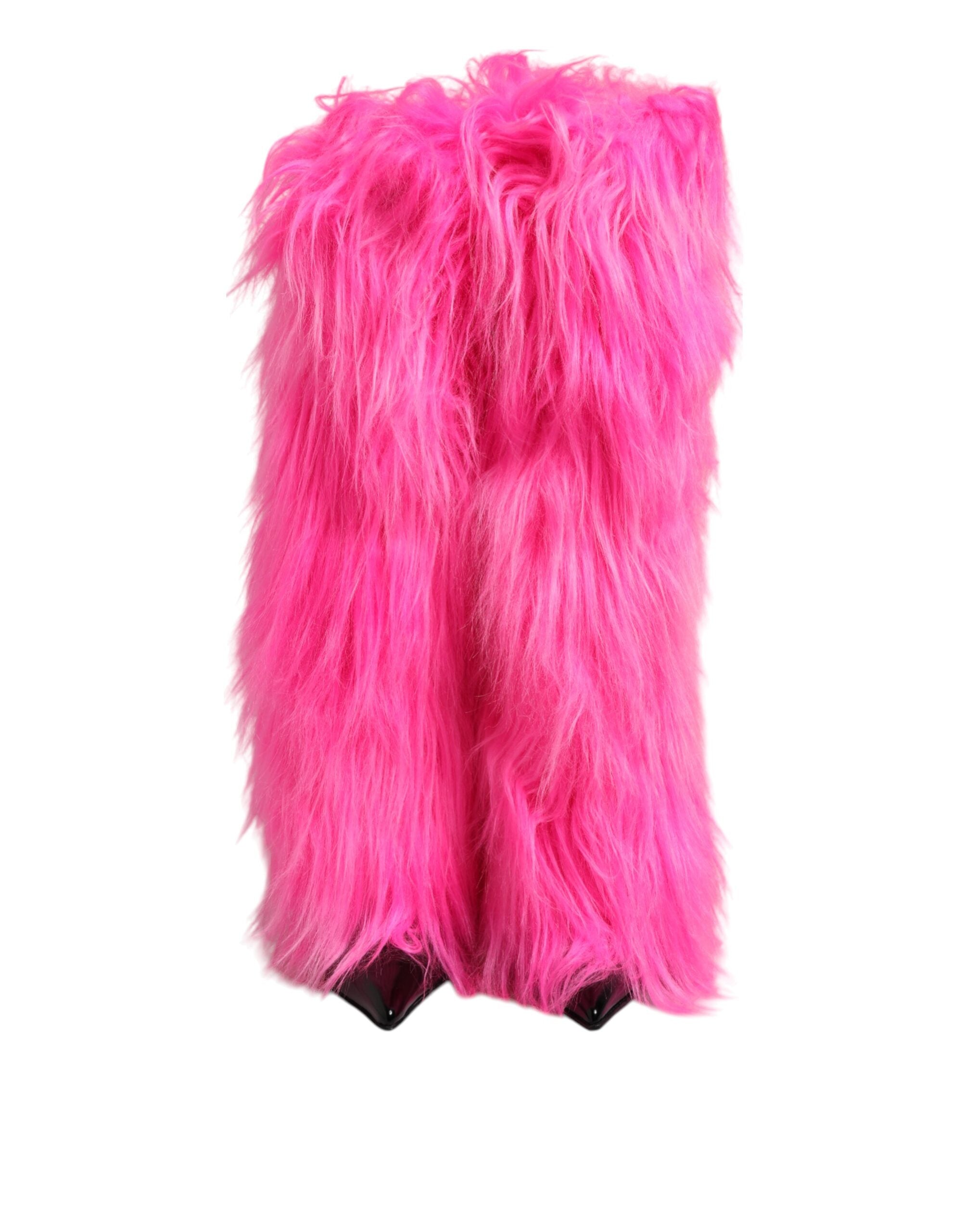 Dolce & Gabbana Pink Faux Fur Leather High Heel Boots Shoes