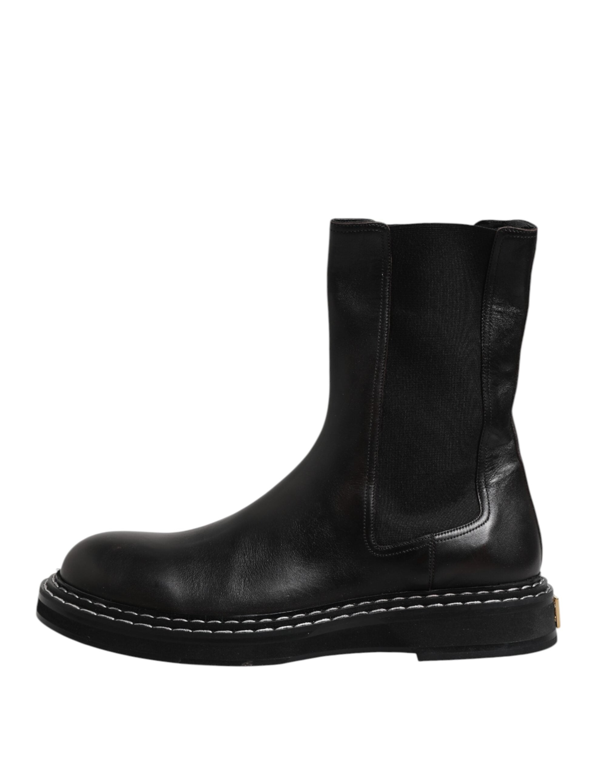 Dolce & Gabbana Black Leather Mid-Calf Boots Flats Shoes