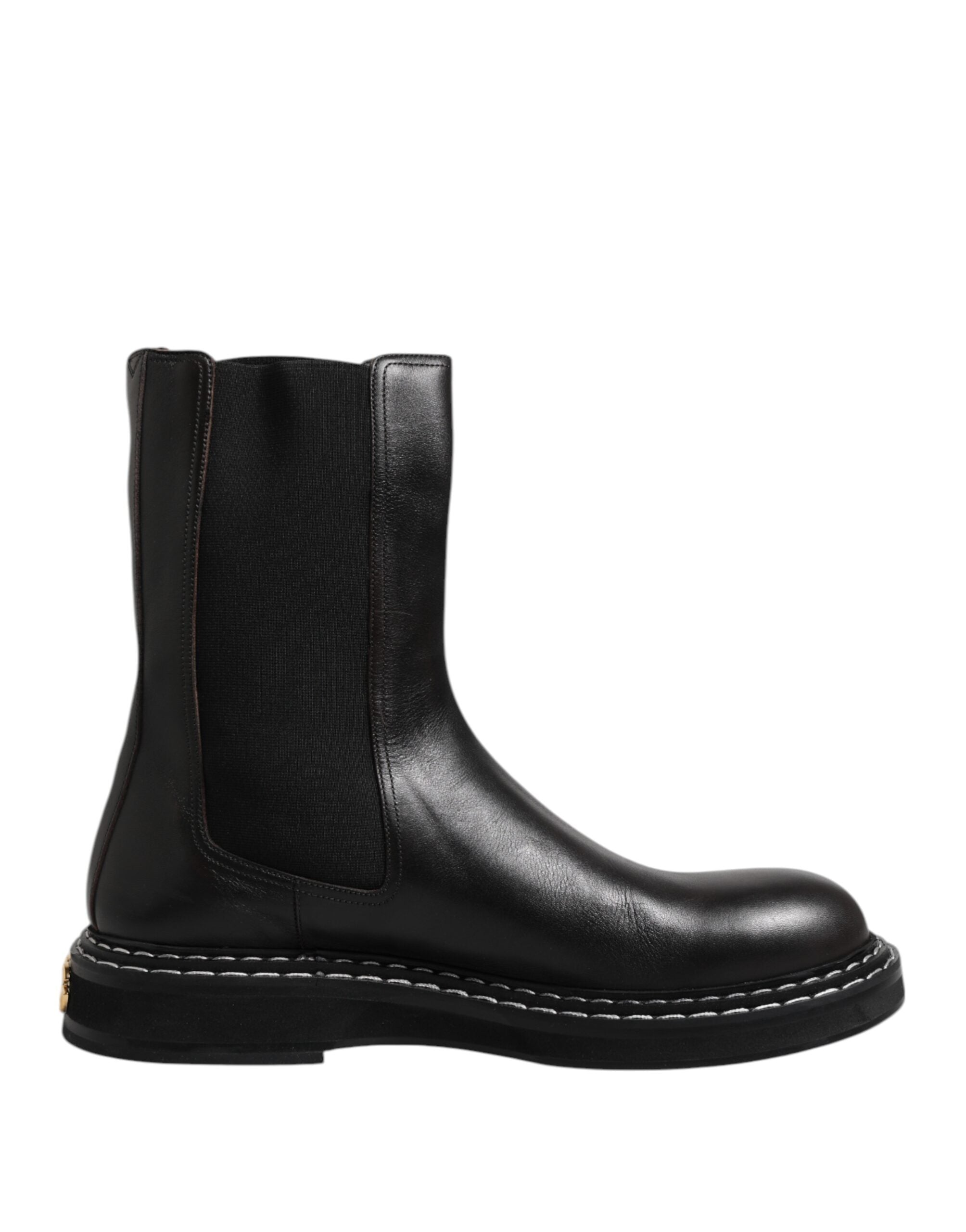Dolce & Gabbana Black Leather Mid-Calf Boots Flats Shoes
