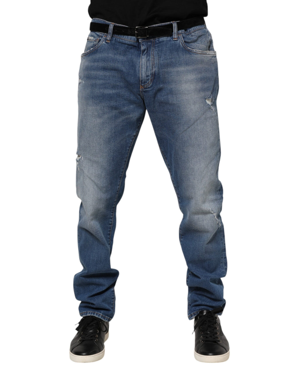 Dolce & Gabbana Washed Cotton Blue Denim Jeans with Logo Plaque