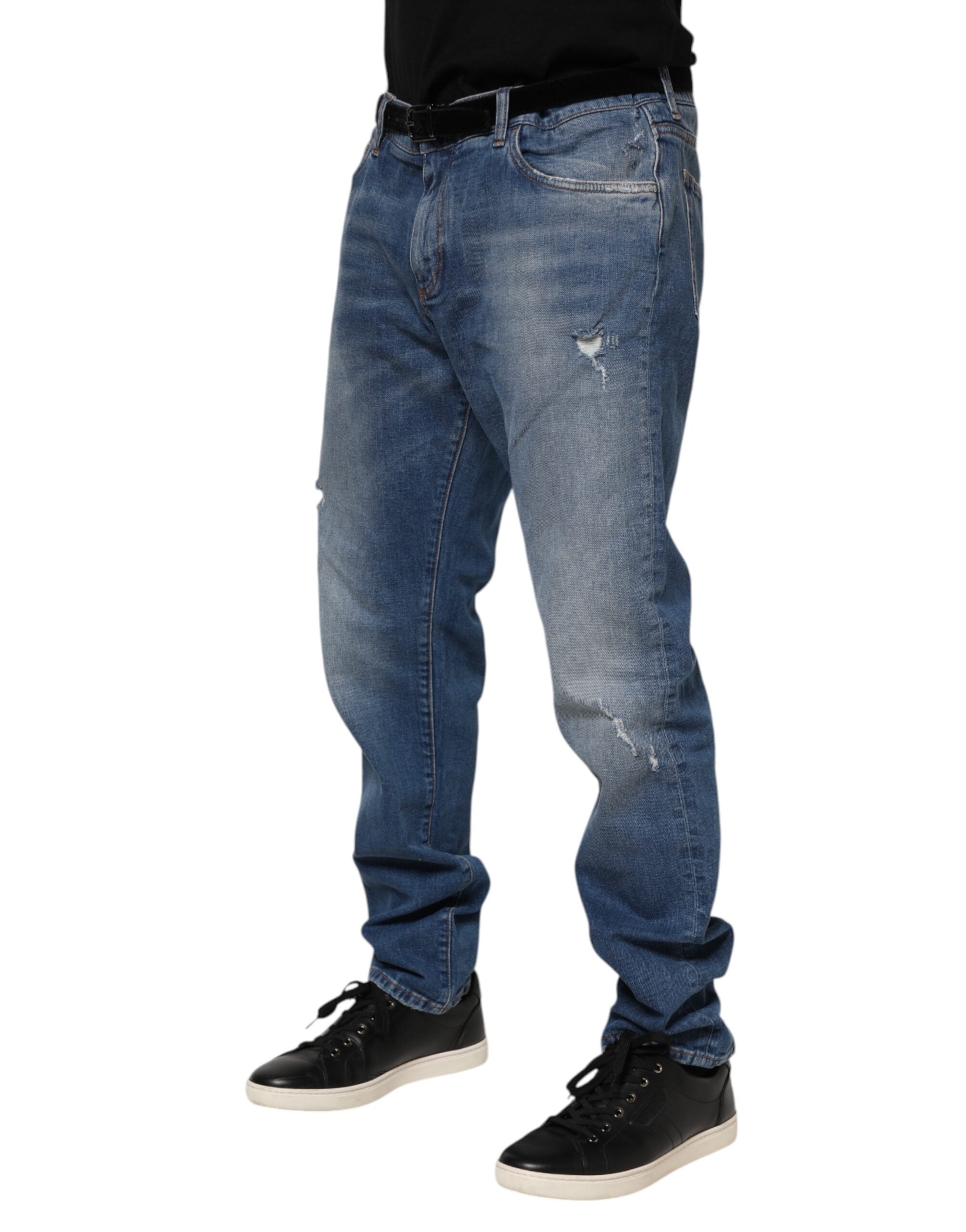 Dolce & Gabbana Washed Cotton Blue Denim Jeans with Logo Plaque