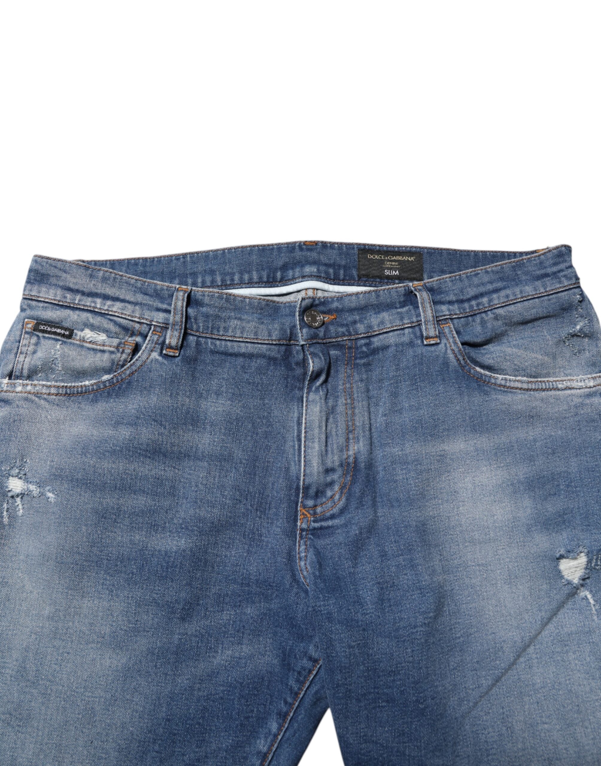 Dolce & Gabbana Washed Cotton Blue Denim Jeans with Logo Plaque