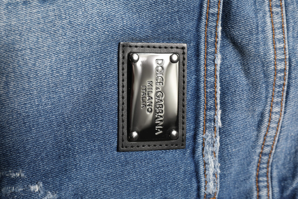 Dolce & Gabbana Washed Cotton Blue Denim Jeans with Logo Plaque