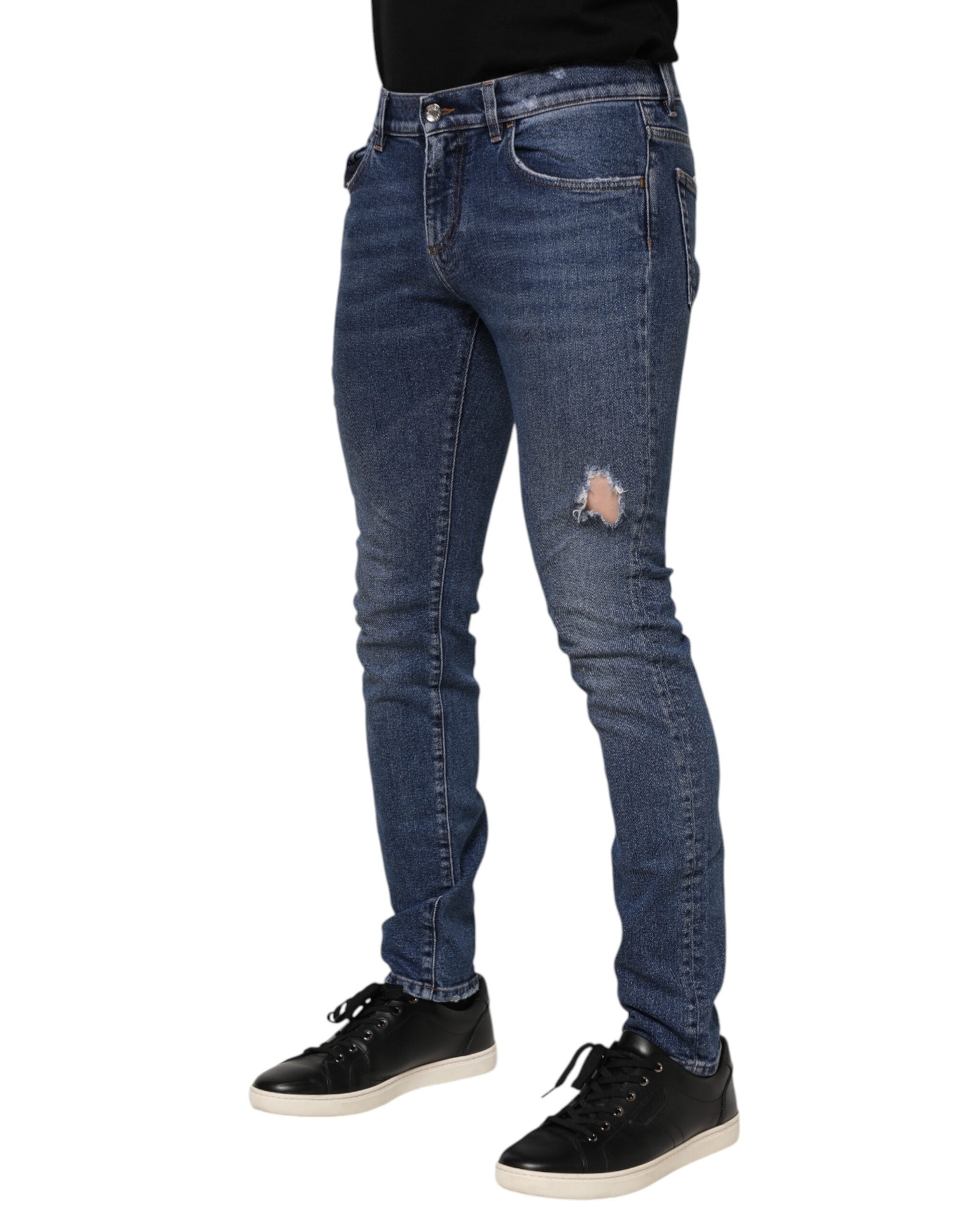 Dolce & Gabbana Blaue Baumwolle Logo Plaque Skinny Männer Denim Jeans