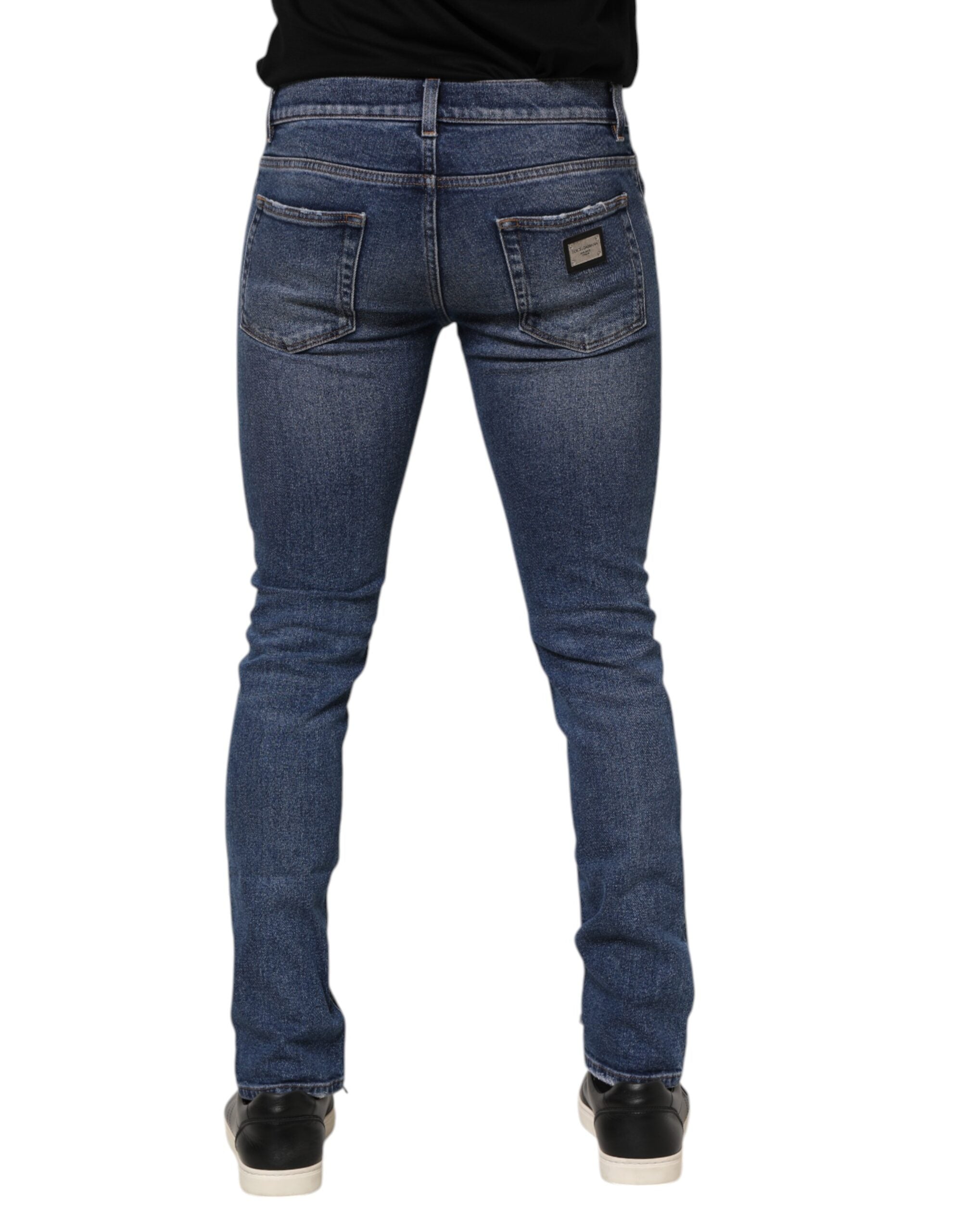 Dolce & Gabbana Blaue Baumwolle Logo Plaque Skinny Männer Denim Jeans