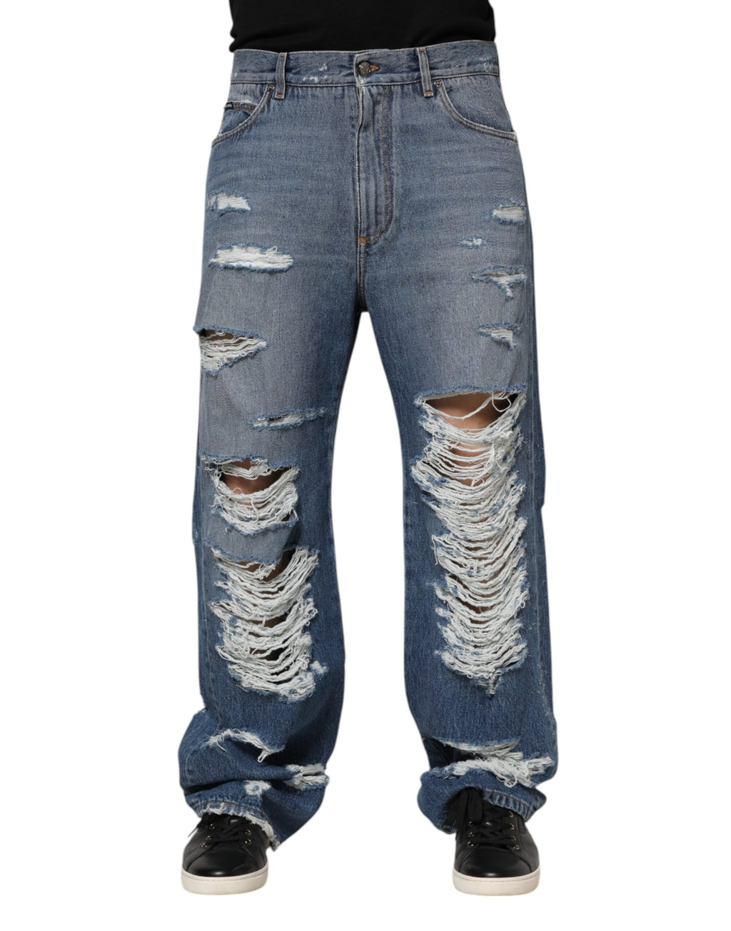 Dolce & Gabbana Blue Ripped Cotton Logo Plaque Denim Jeans