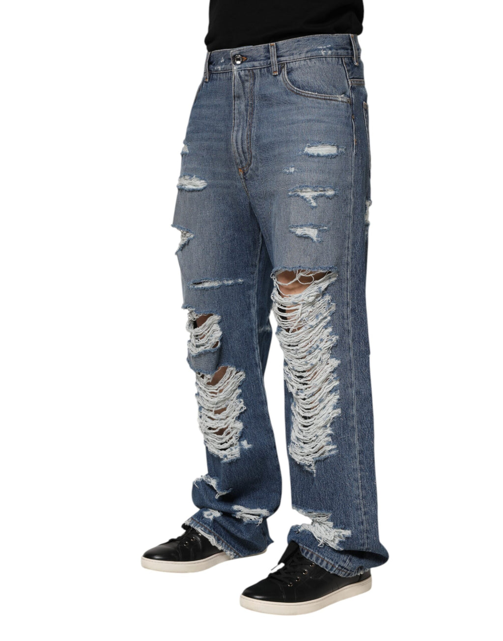 Dolce & Gabbana Blue Ripped Cotton Logo Plaque Denim Jeans